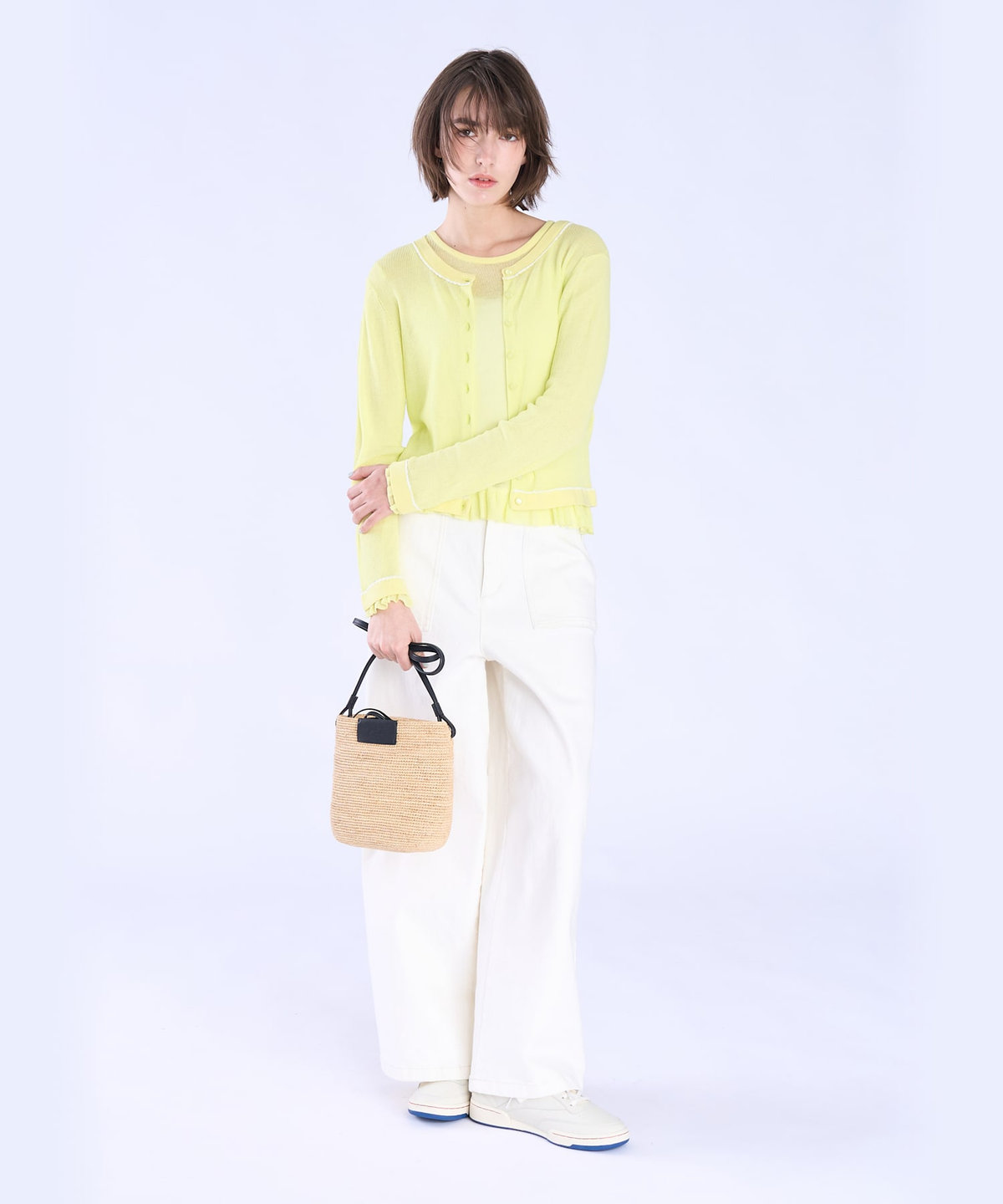 To b. by agnès b. シアー リブ 長袖 ニット カーディガン イエロー