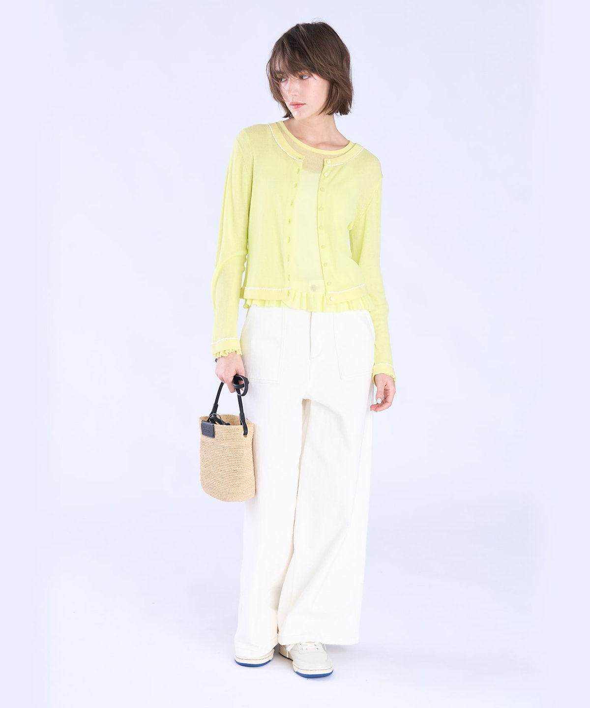 To b. by agnès b. シアー リブ 長袖 ニット カーディガン イエロー