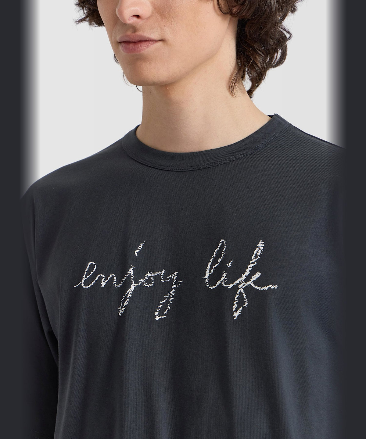 HOMME メンズ メンズ メッセージ プリント コットン 半袖 Tシャツ "enjoy life" グレー