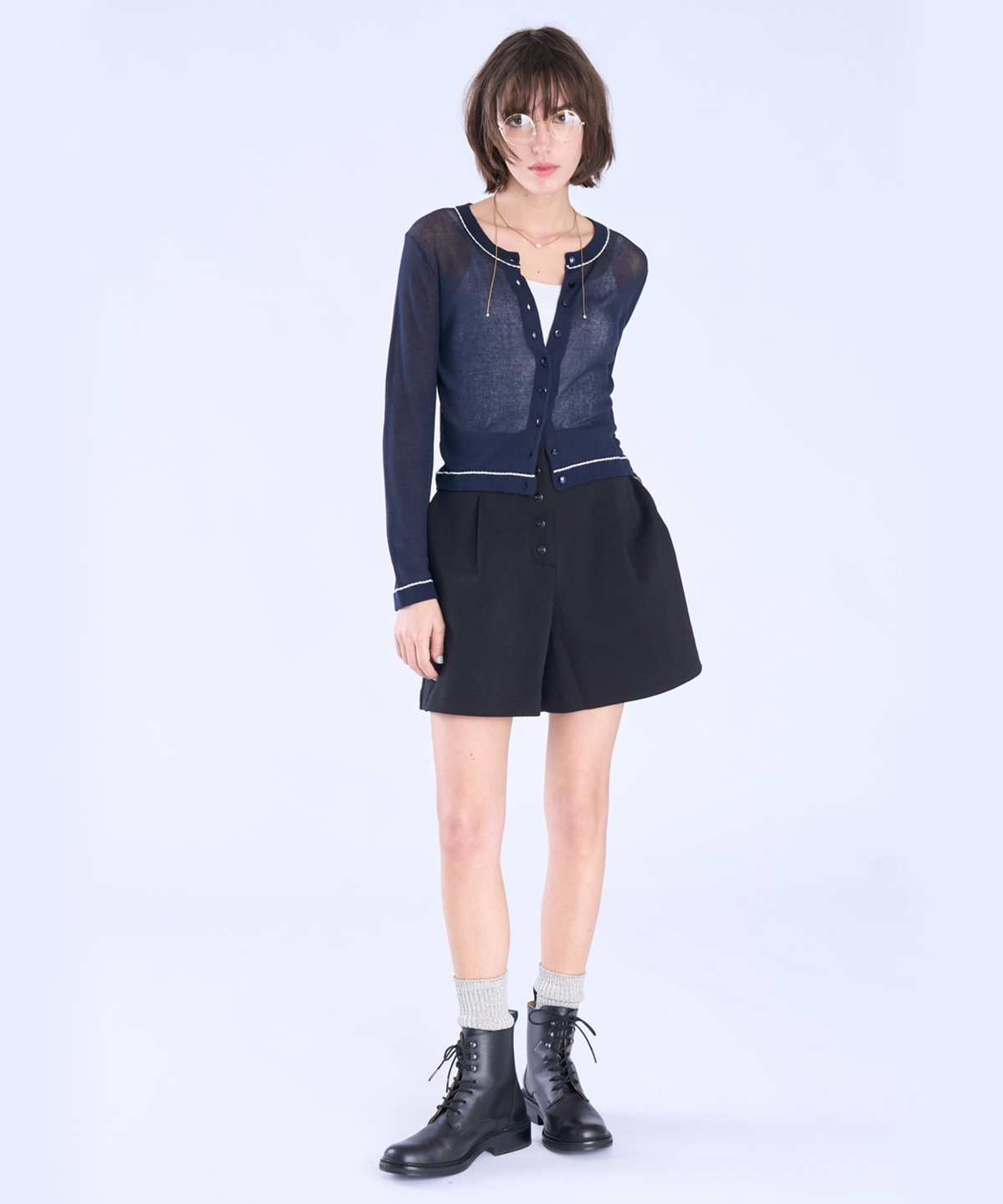 To b. by agnès b. シアー リブ 長袖 ニット カーディガン ネイビー