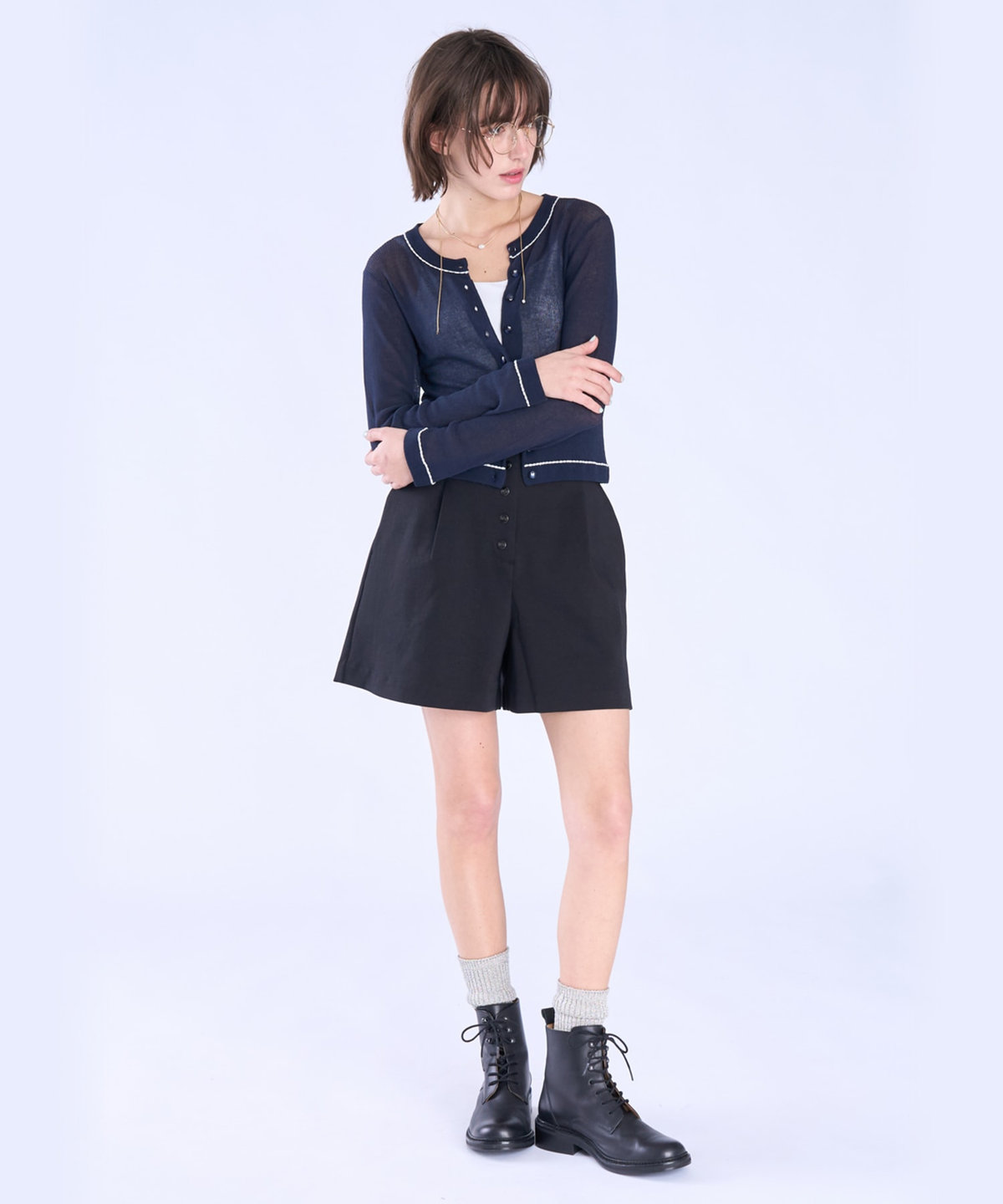 To b. by agnès b. シアー リブ 長袖 ニット カーディガン ネイビー