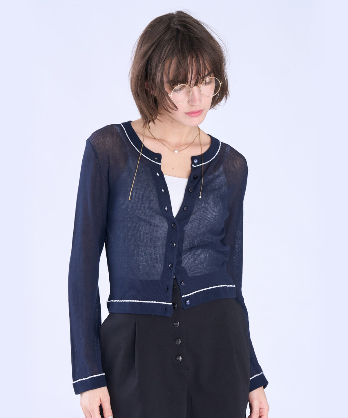 To b. by agnès b. シアー リブ 長袖 ニット カーディガン ネイビー