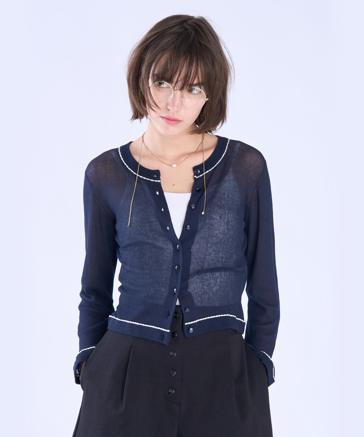 To b. by agnès b. シアー リブ 長袖 ニット カーディガン ネイビー