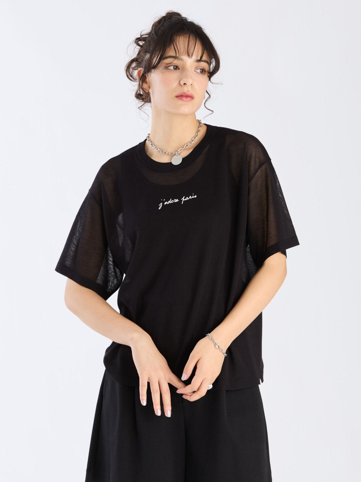 To b. by agnès b. 【Outlet】シアー ニット メッセージ プルオーバー "j'adore paris" ブラック