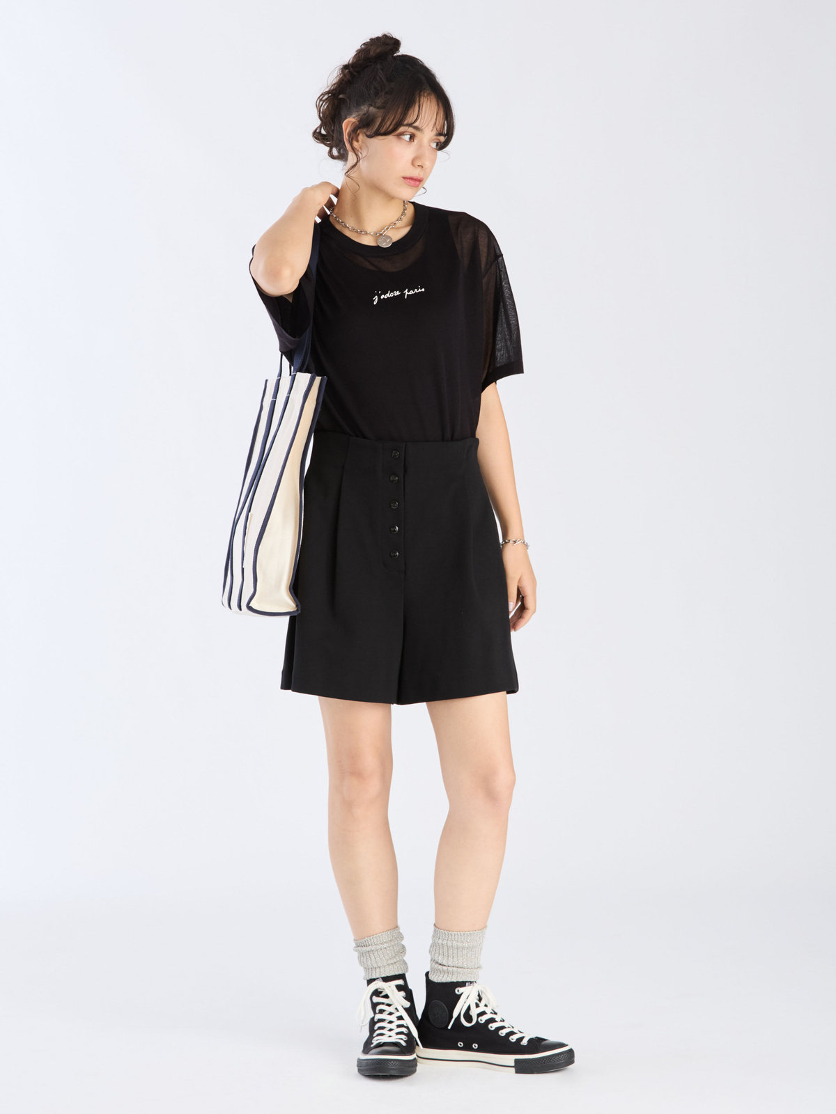 To b. by agnès b. 【Outlet】シアー ニット メッセージ プルオーバー "j'adore paris" ブラック