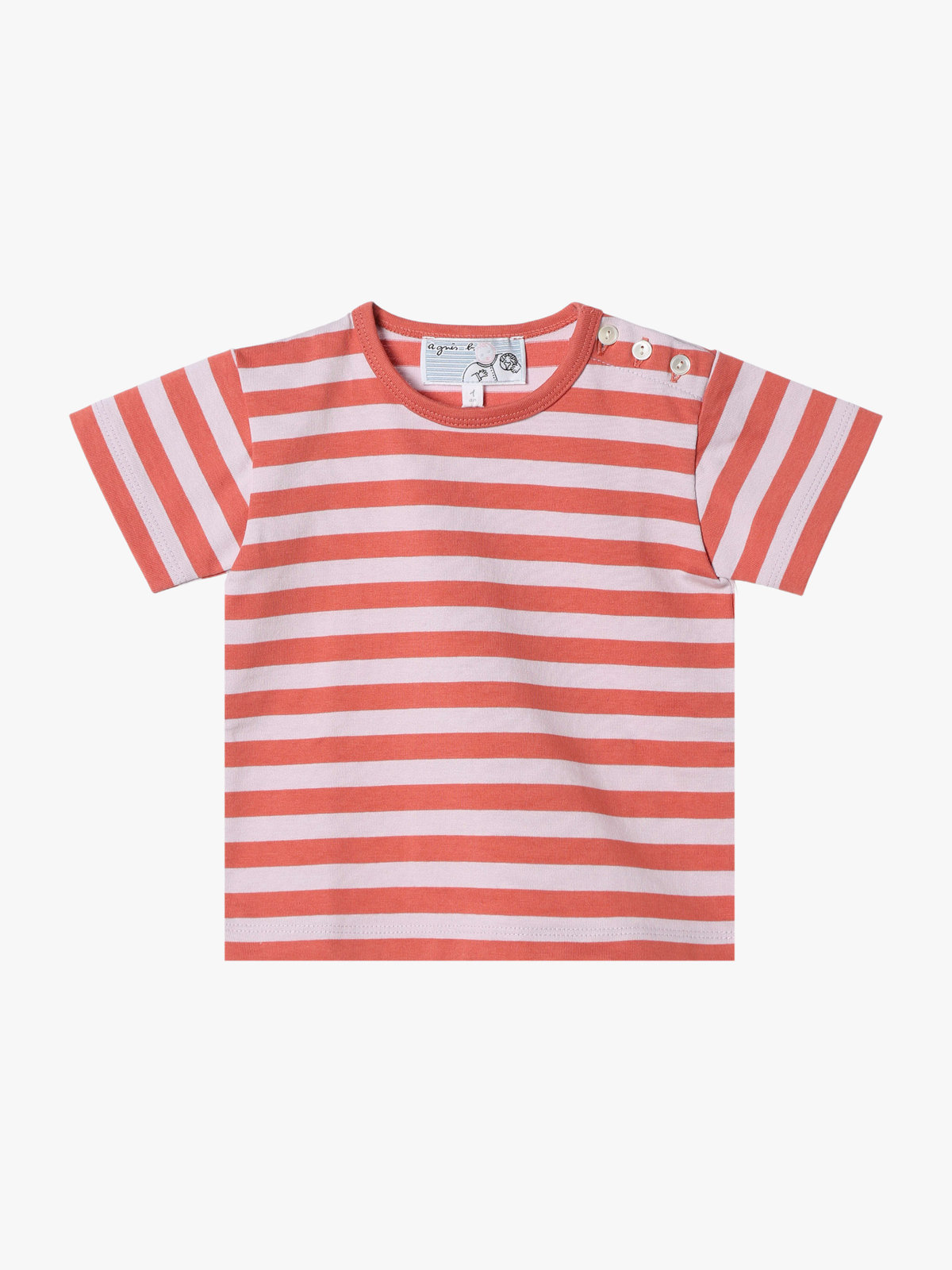 ENFANT ベビー ベビー 細ボーダー コットン 半袖 Tシャツ コーラルピンク
