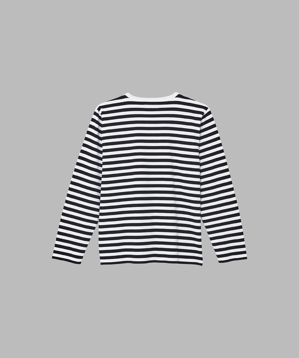 FEMME ウィメンズ 【by R 限定品】agnes b. 細ボーダーxストライプ コットン 長袖 Tシャツ "Haru" ホワイト×ブラック