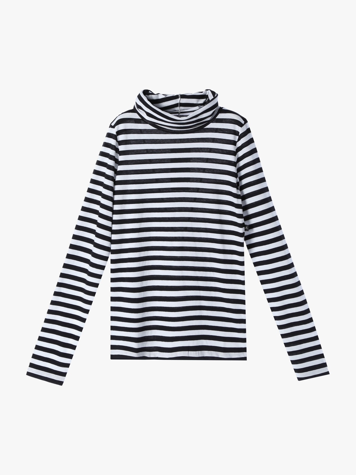 FEMME ウィメンズ 細ボーダー オーガニックコットン タートルネック 長袖 Tシャツ "Transformable" ホワイト×ブラック
