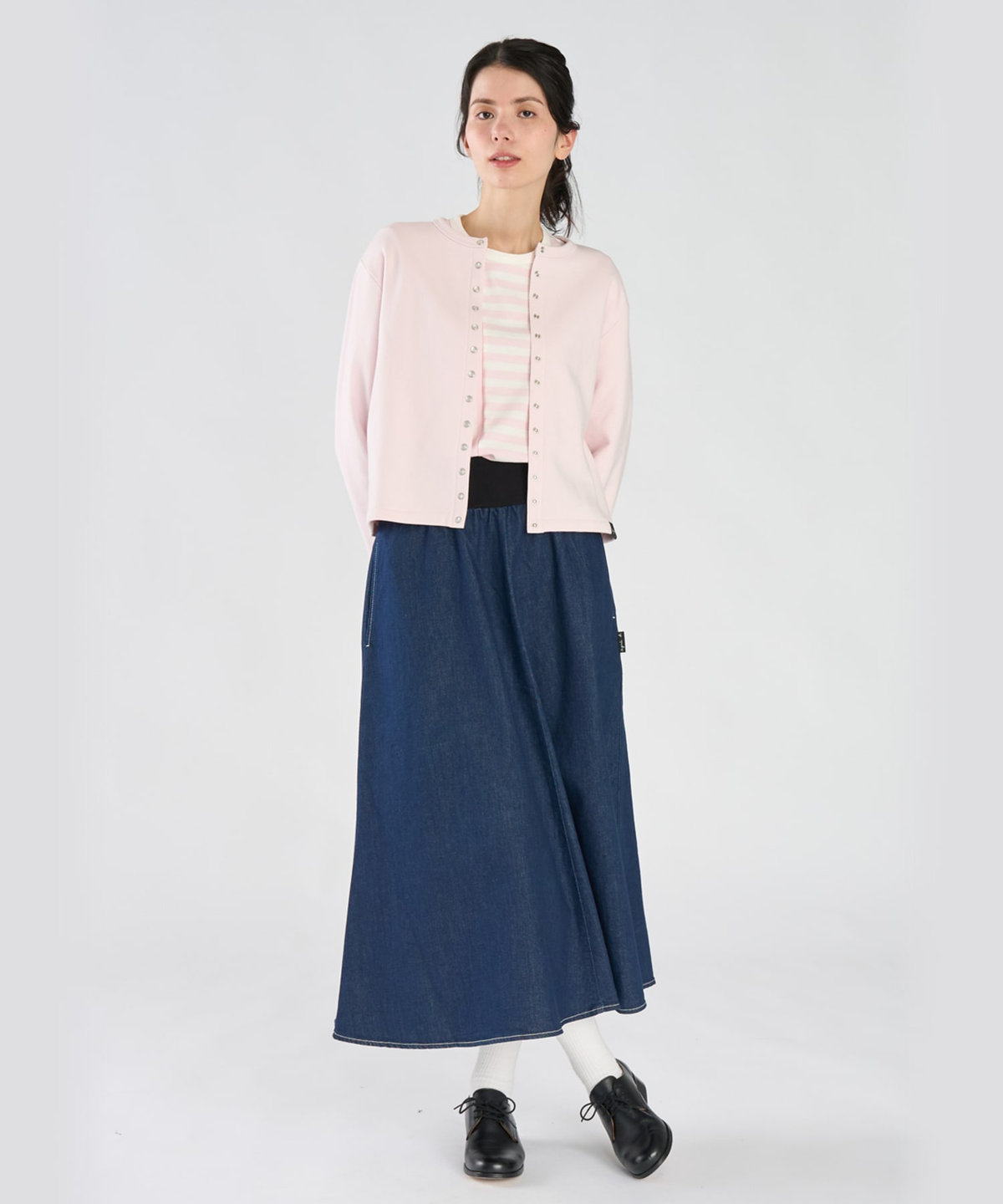 FEMME ウィメンズ 【by R 限定品】agnes b. 細ボーダーxストライプ コットン 長袖 Tシャツ "Haru" ホワイト×ピンク