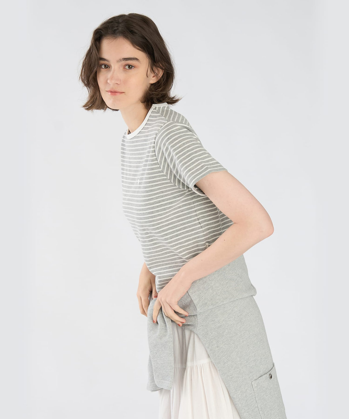 To b. by agnès b. ハート 刺繍 リブ ボーダー 半袖 Tシャツ グレー