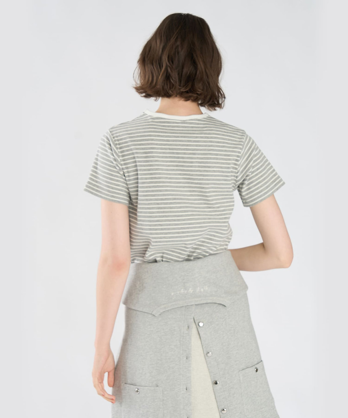 To b. by agnès b. ハート 刺繍 リブ ボーダー 半袖 Tシャツ グレー