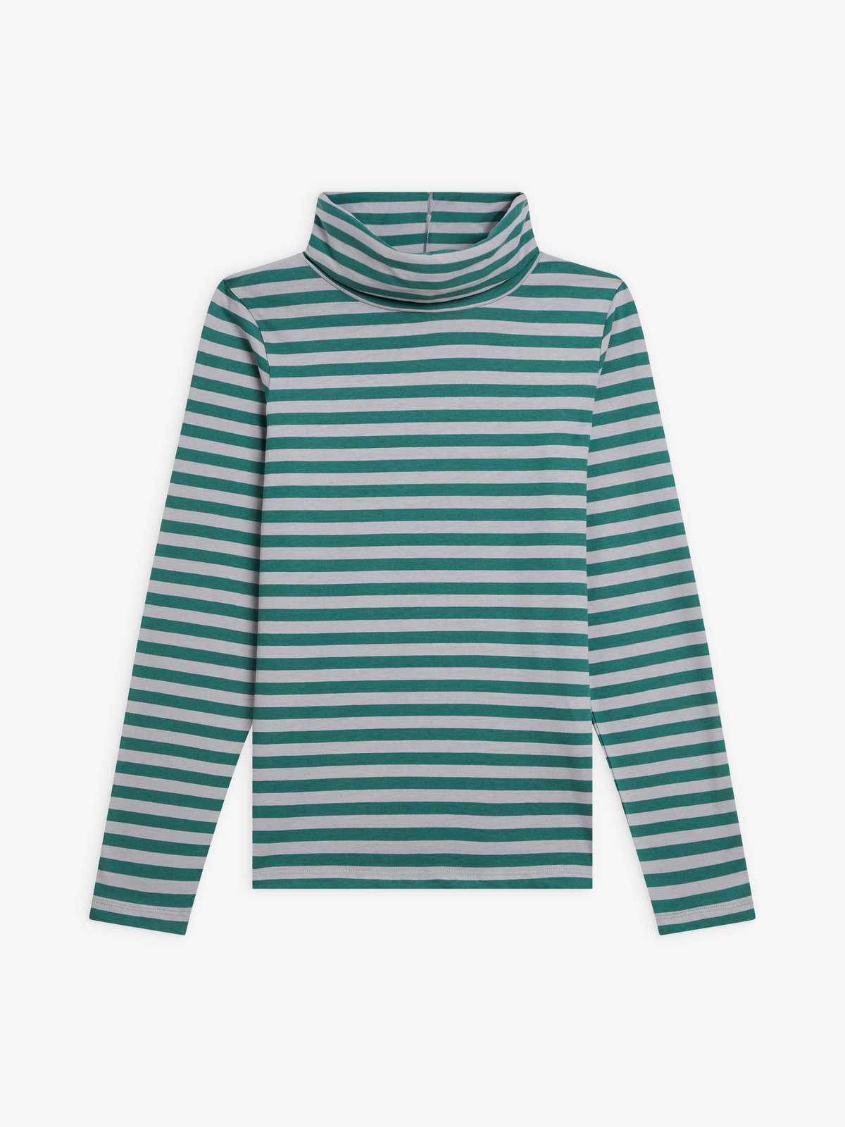 FEMME ウィメンズ 細ボーダー タートルネック 長袖 Tシャツ ”Transformable” グリーン×スモーキーブルー
