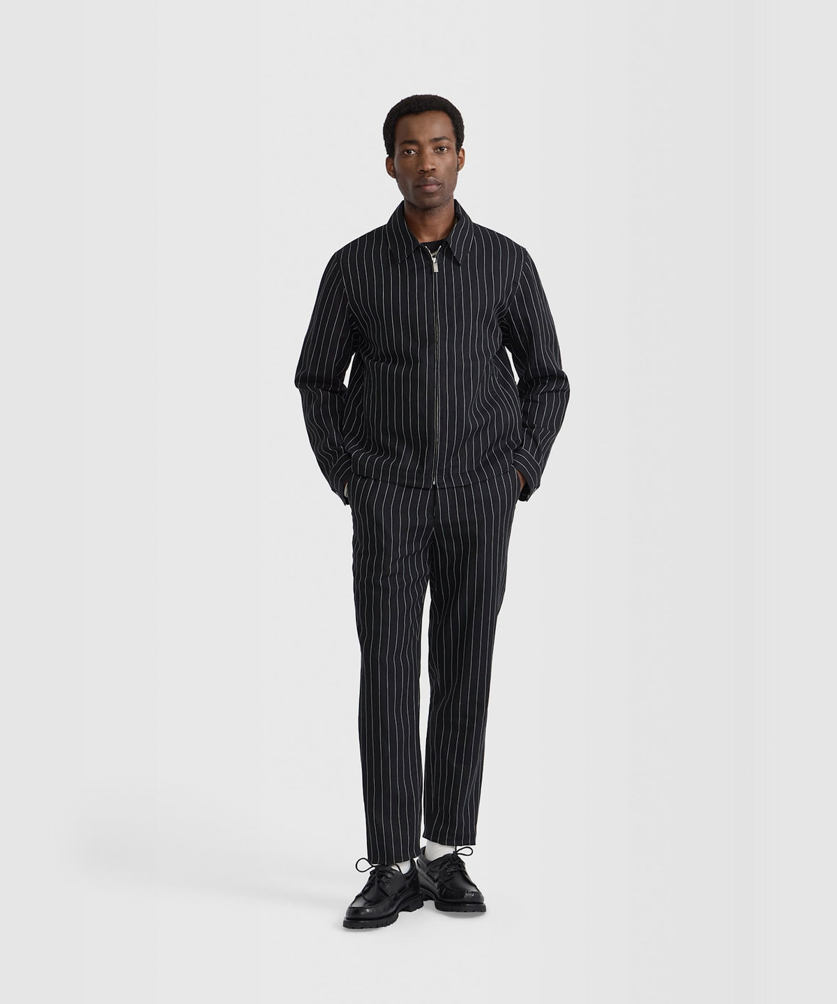 HOMME メンズ メンズ ストライプ リネン ボンバーブルゾン "Andde" ブラック