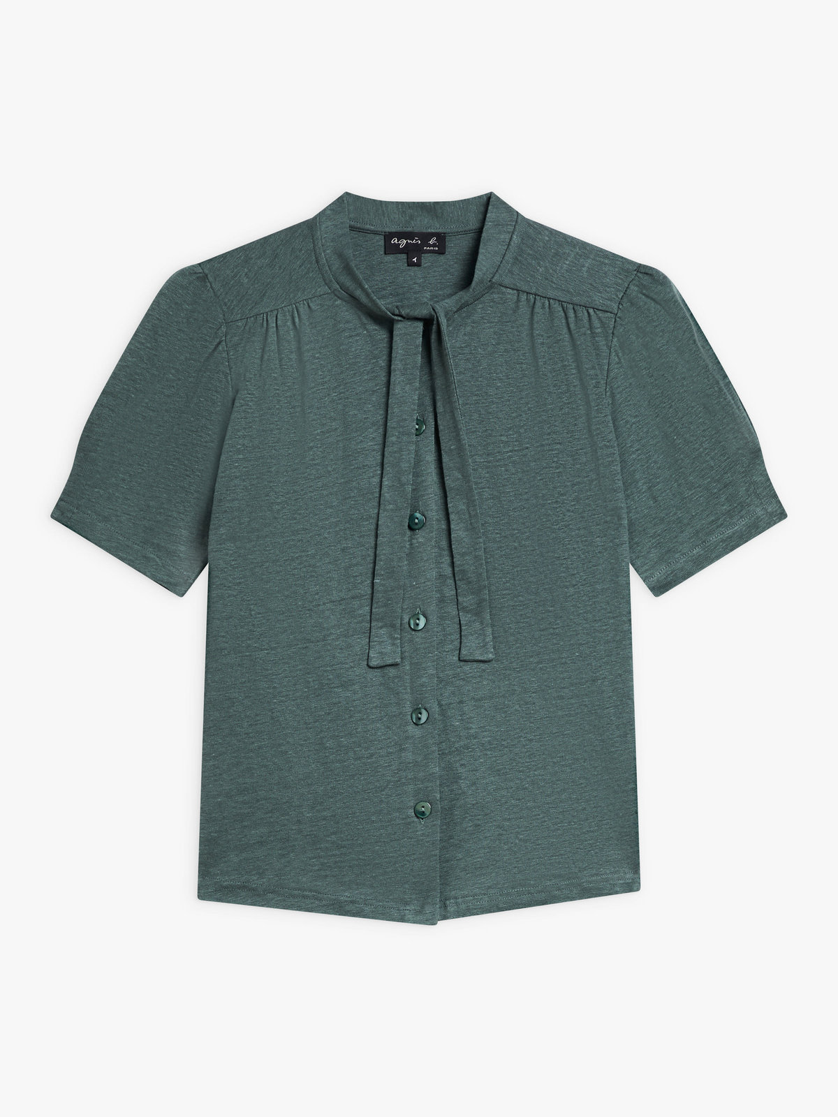 FEMME ウィメンズ リネン リボンタイ 半袖 ブラウス ”Laurene” グリーン