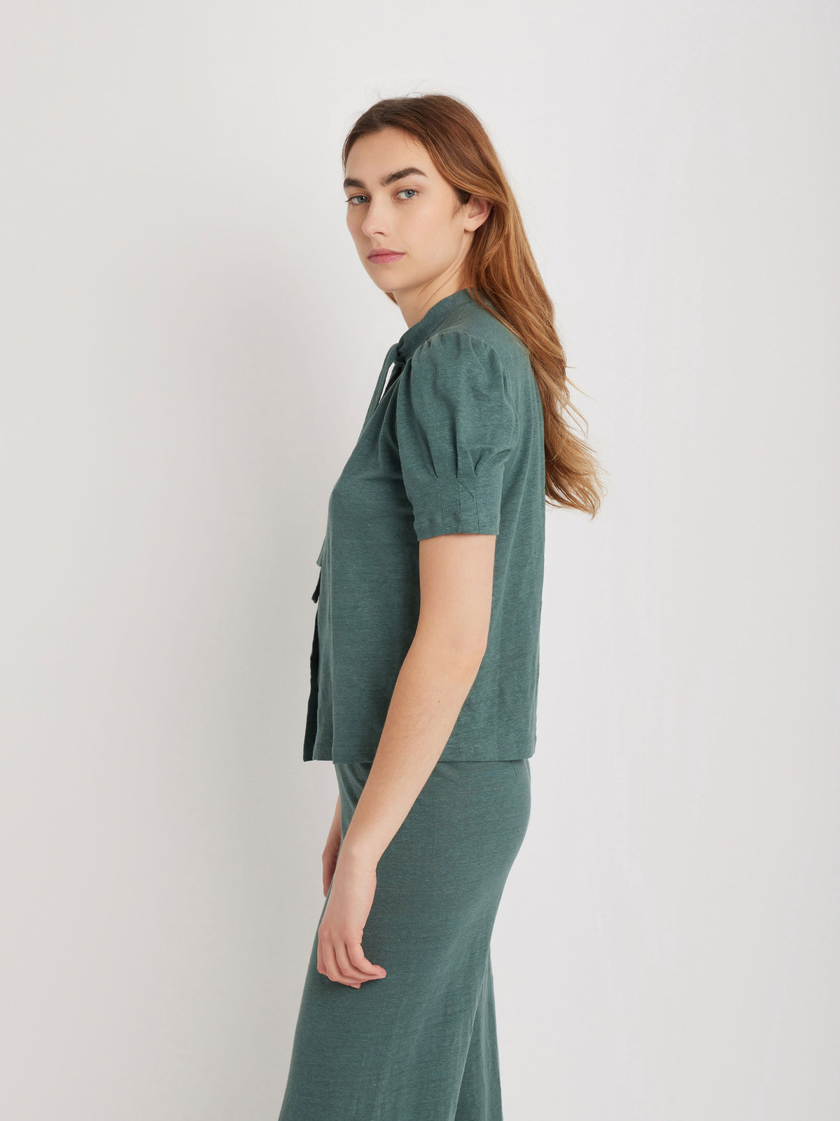 FEMME ウィメンズ リネン リボンタイ 半袖 ブラウス ”Laurene” グリーン