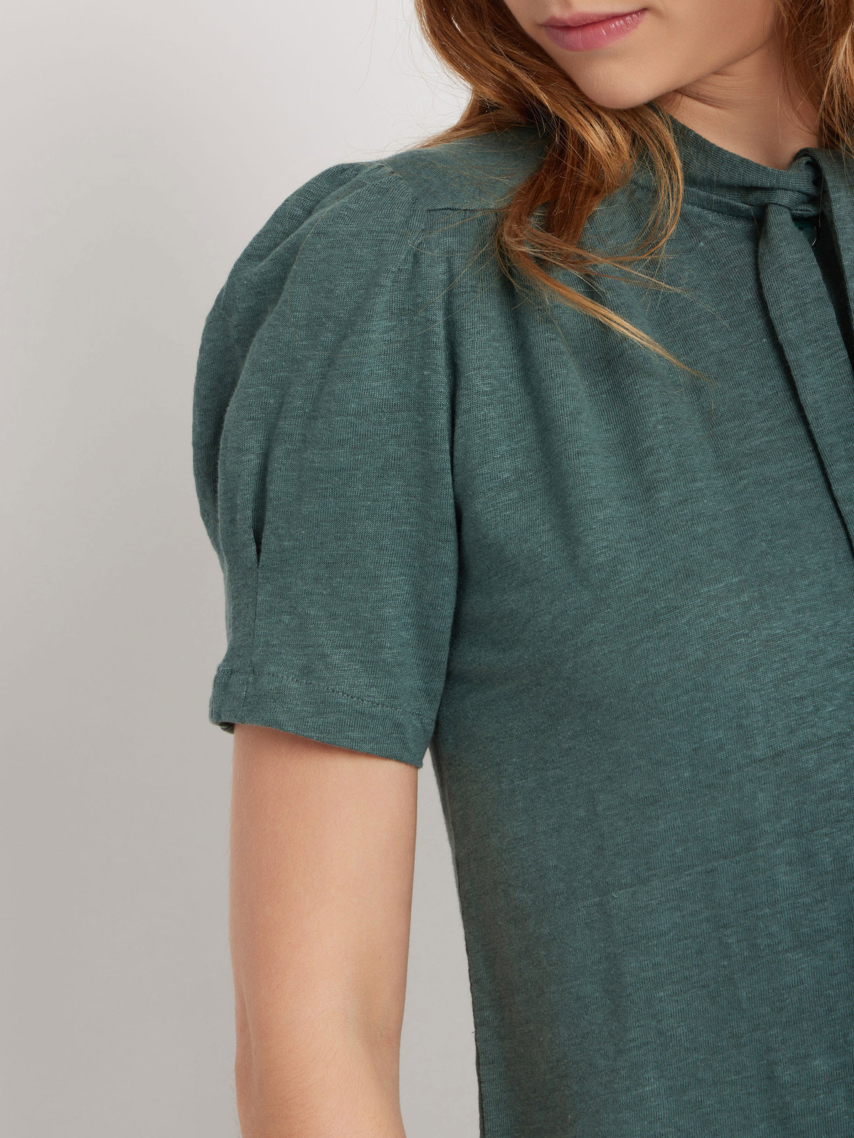 FEMME ウィメンズ リネン リボンタイ 半袖 ブラウス ”Laurene” グリーン