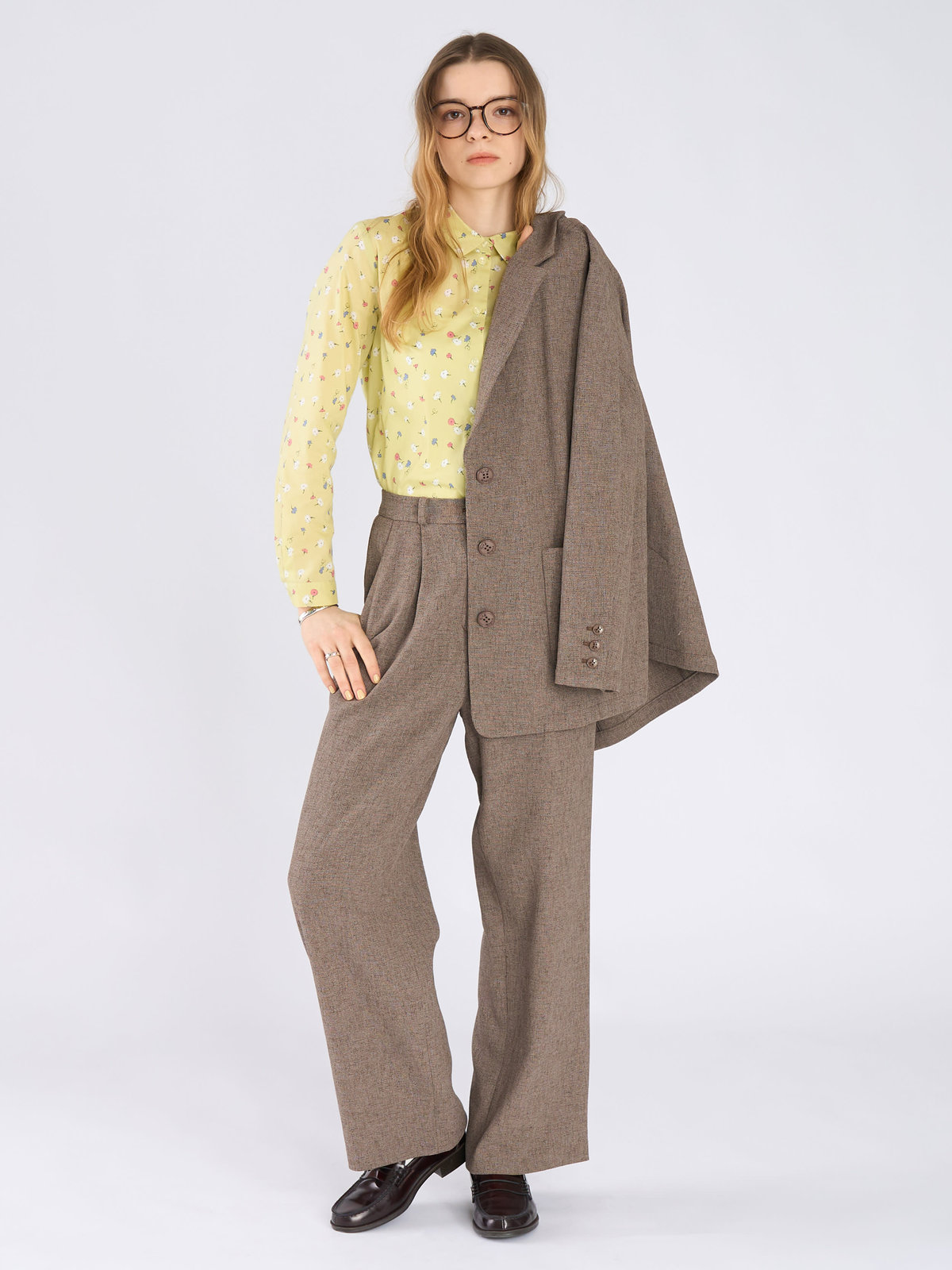 To b. by agnès b. ミックスツイード タックパンツ ベージュ