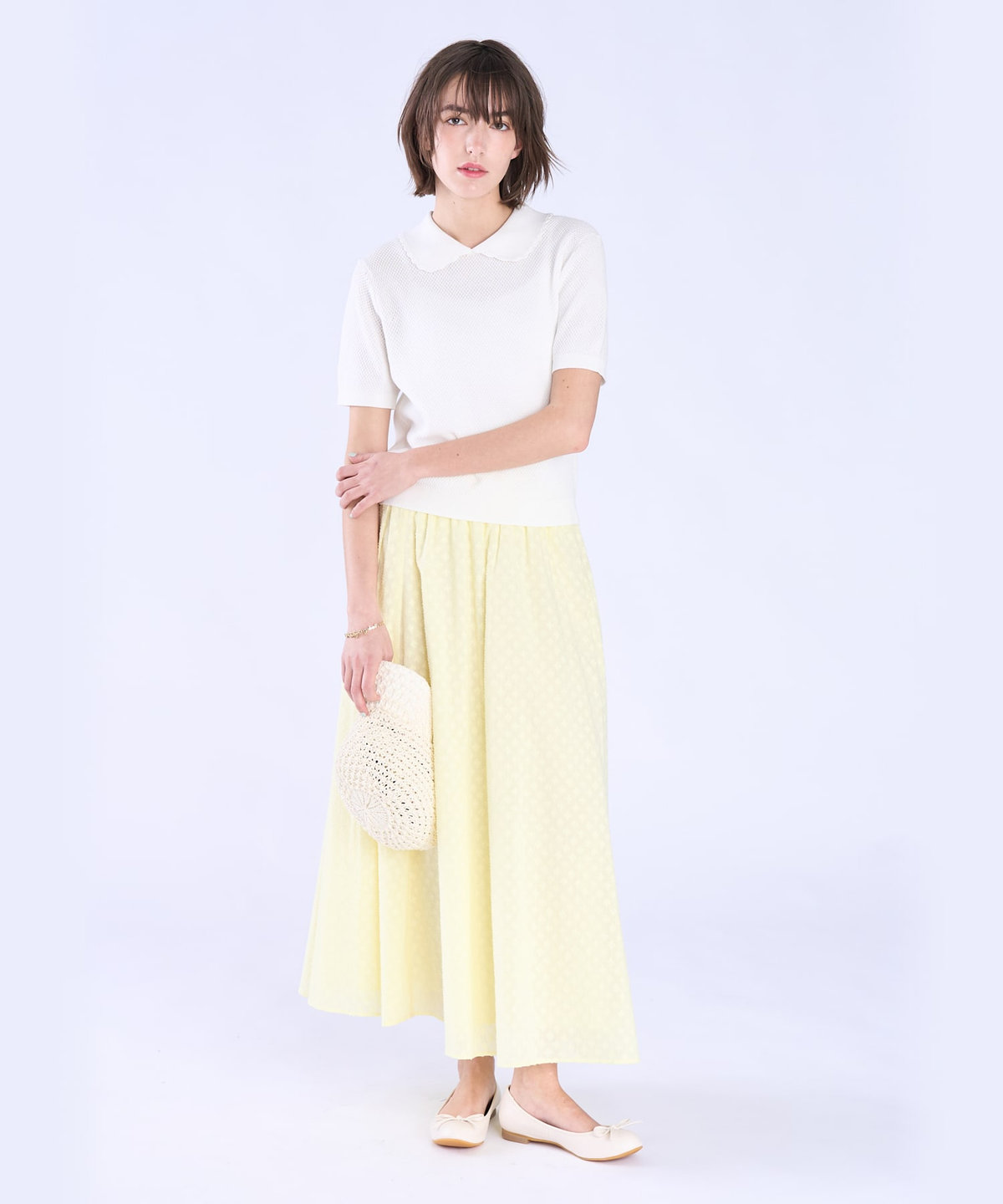 To b. by agnès b. コットン タック ステッチ 半袖 ニット プルオーバー ホワイト