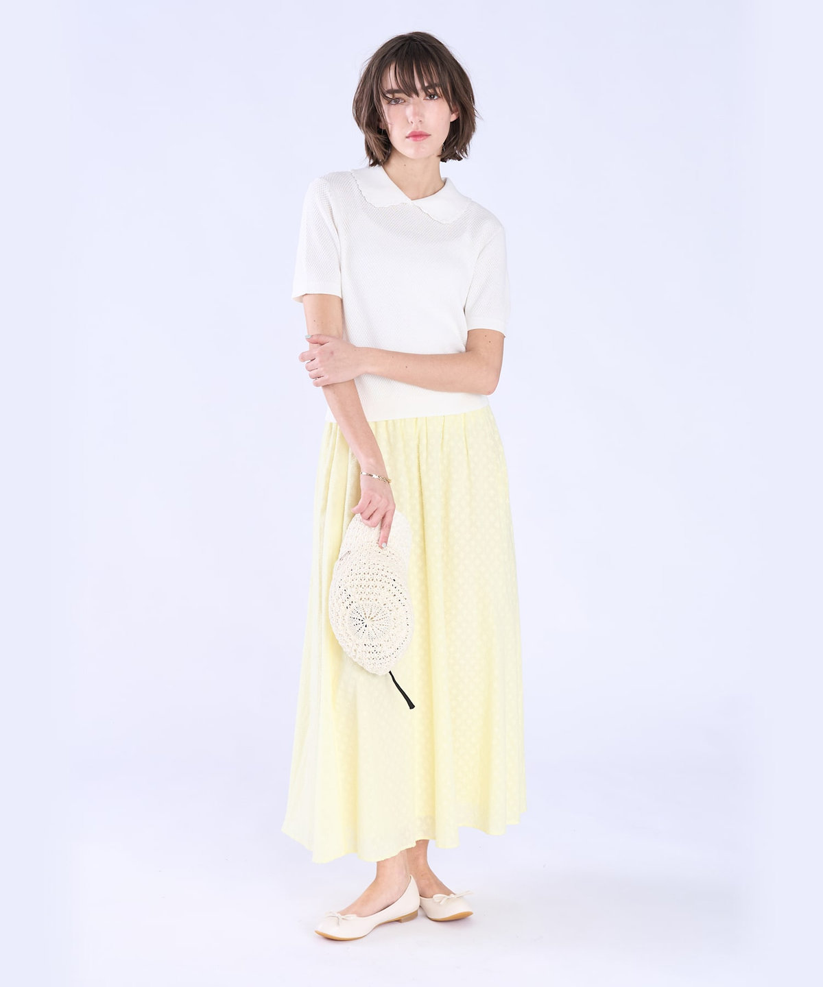 To b. by agnès b. コットン タック ステッチ 半袖 ニット プルオーバー ホワイト