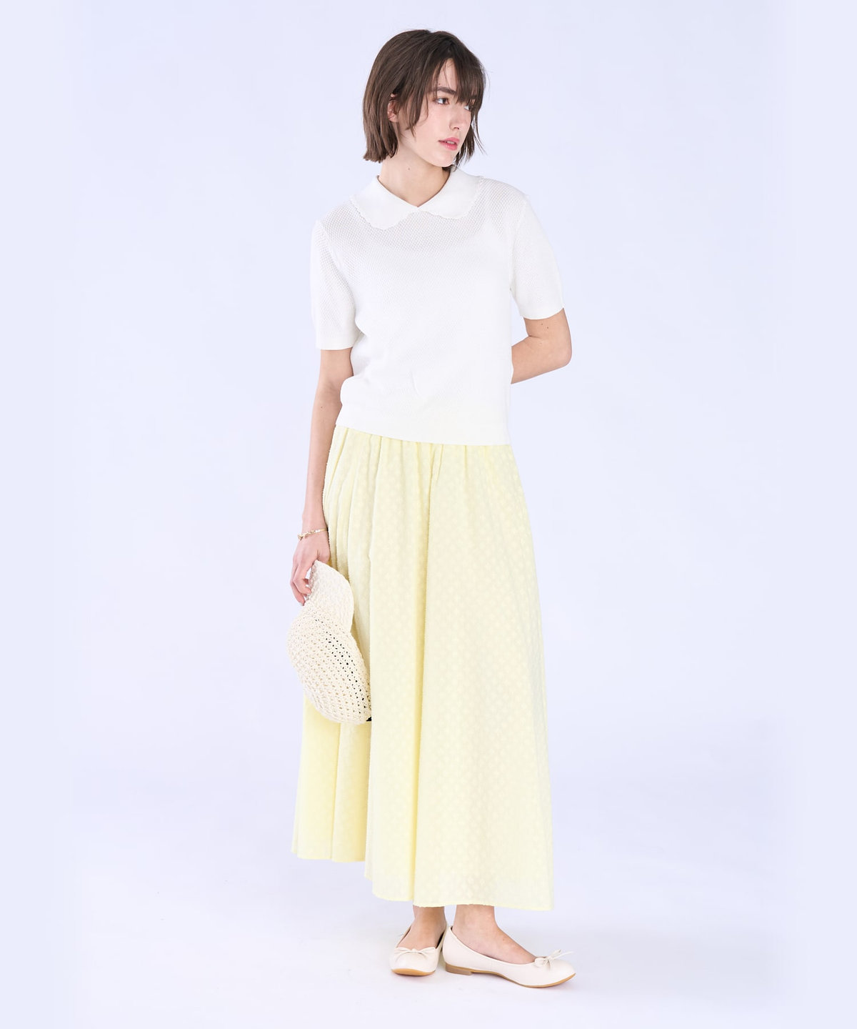 To b. by agnès b. コットン タック ステッチ 半袖 ニット プルオーバー ホワイト