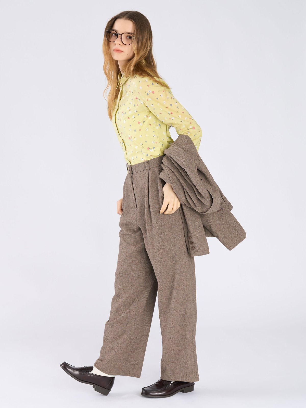 To b. by agnès b. ミックスツイード タックパンツ ベージュ