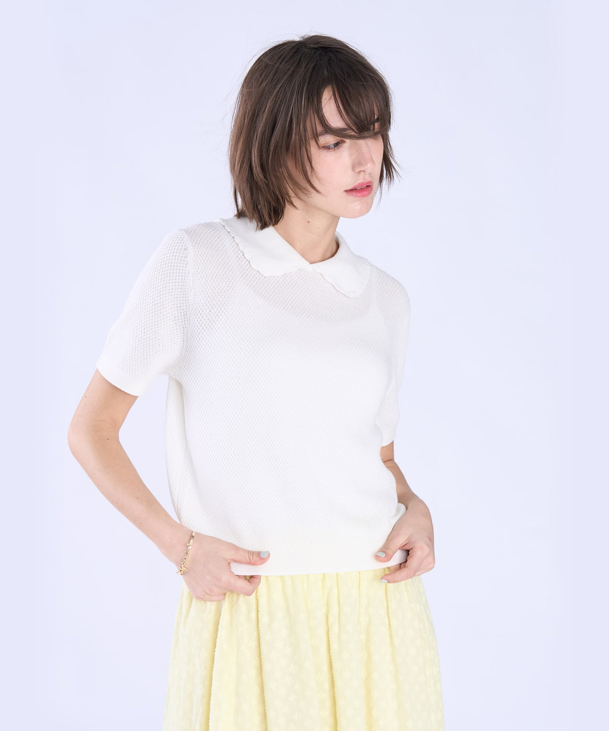 To b. by agnès b. コットン タック ステッチ 半袖 ニット プルオーバー ホワイト