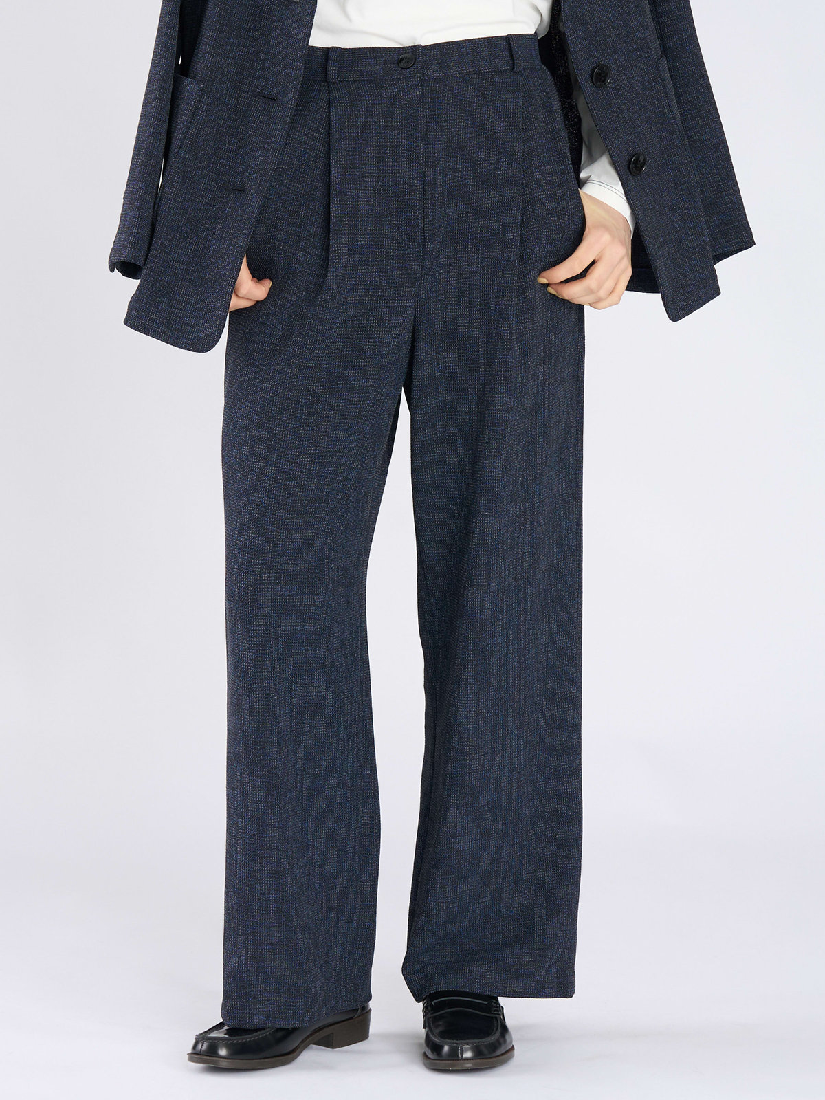 To b. by agnès b. ミックスツイード タックパンツ ネイビー