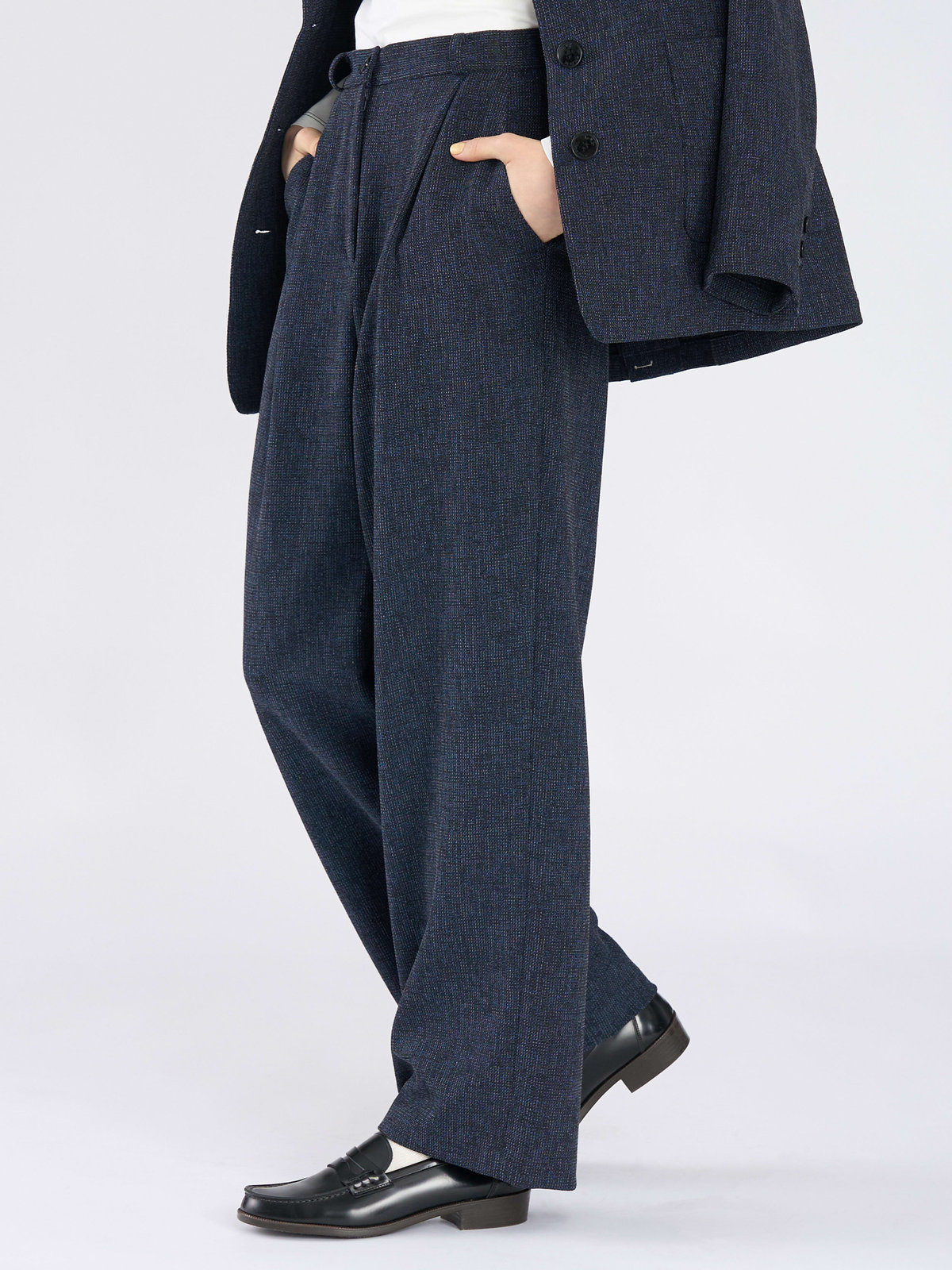 To b. by agnès b. ミックスツイード タックパンツ ネイビー