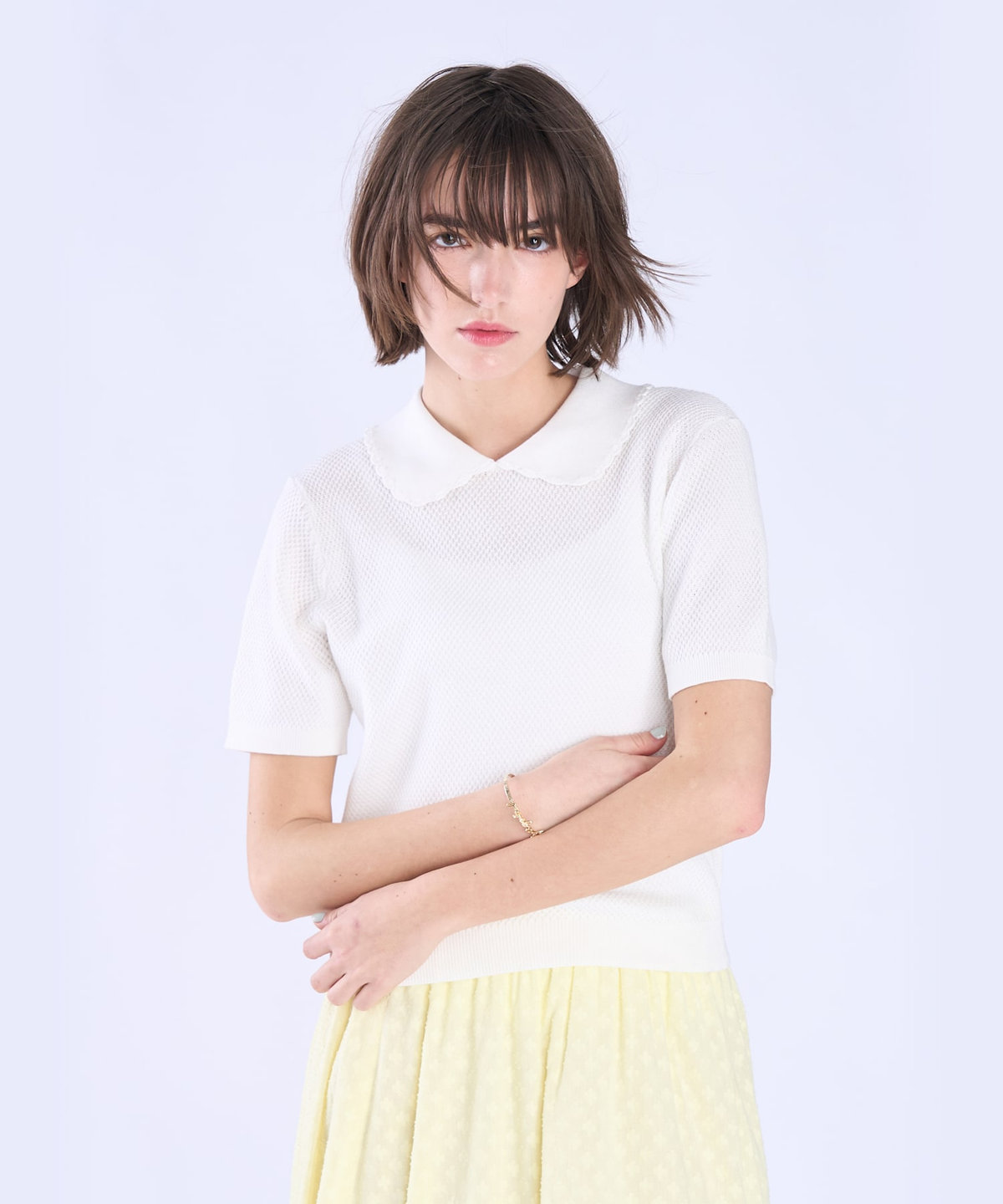 To b. by agnès b. コットン タック ステッチ 半袖 ニット プルオーバー ホワイト