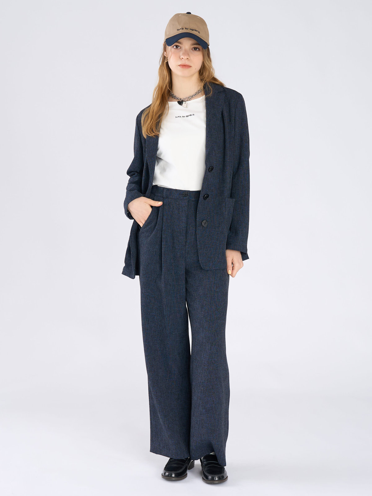 To b. by agnès b. ミックスツイード タックパンツ ネイビー