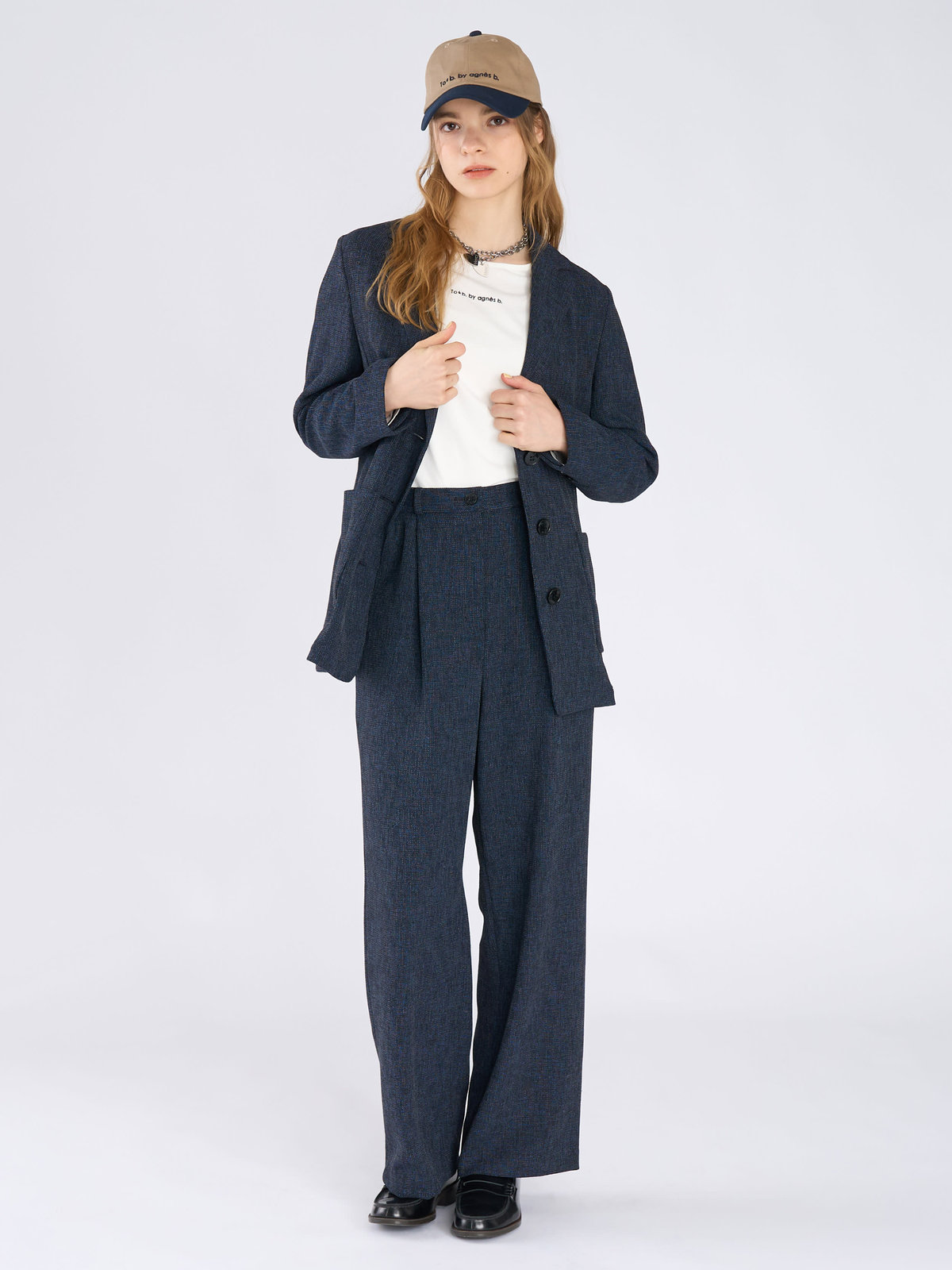 To b. by agnès b. ミックスツイード タックパンツ ネイビー
