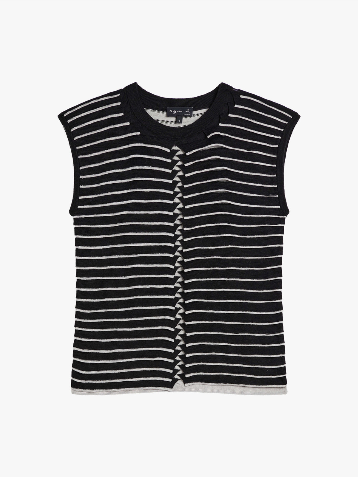 FEMME ウィメンズ ボーダー シルク リネン ノースリーブ ニット プルオーバー ”Charleston” ブラック