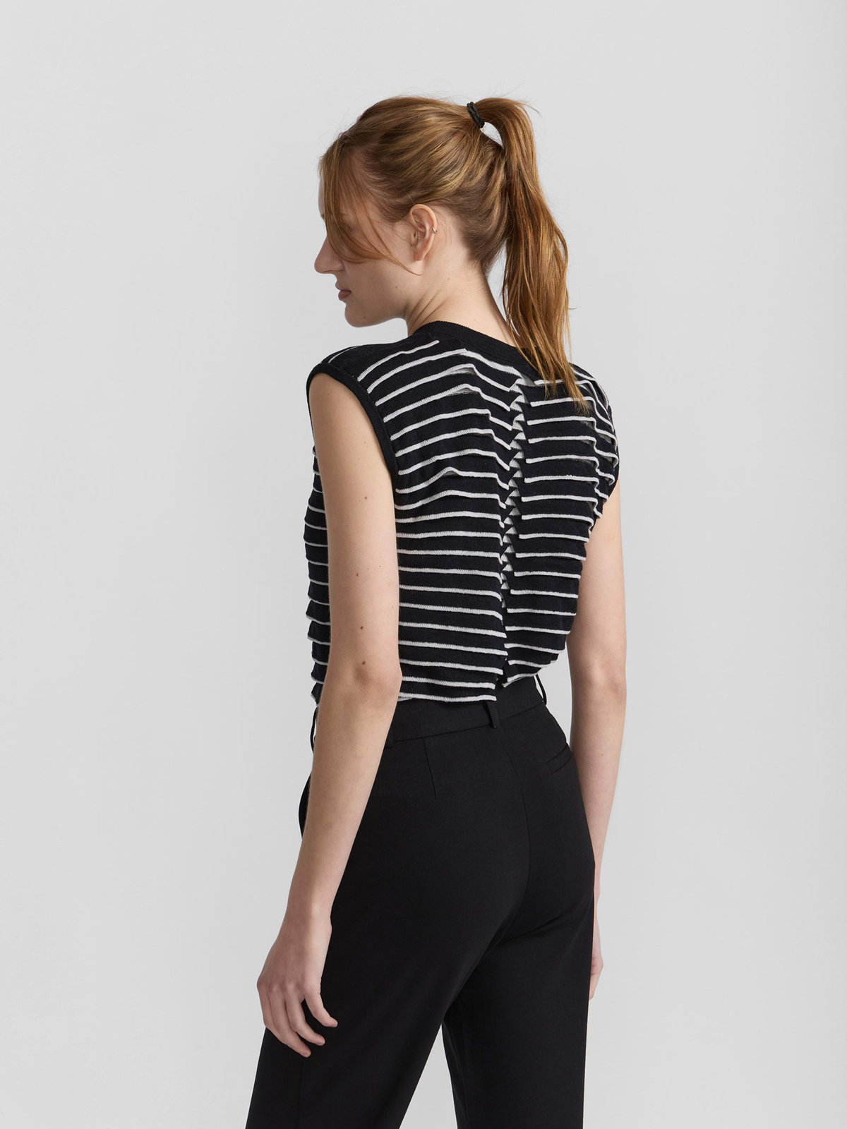 FEMME ウィメンズ ボーダー シルク リネン ノースリーブ ニット プルオーバー ”Charleston” ブラック