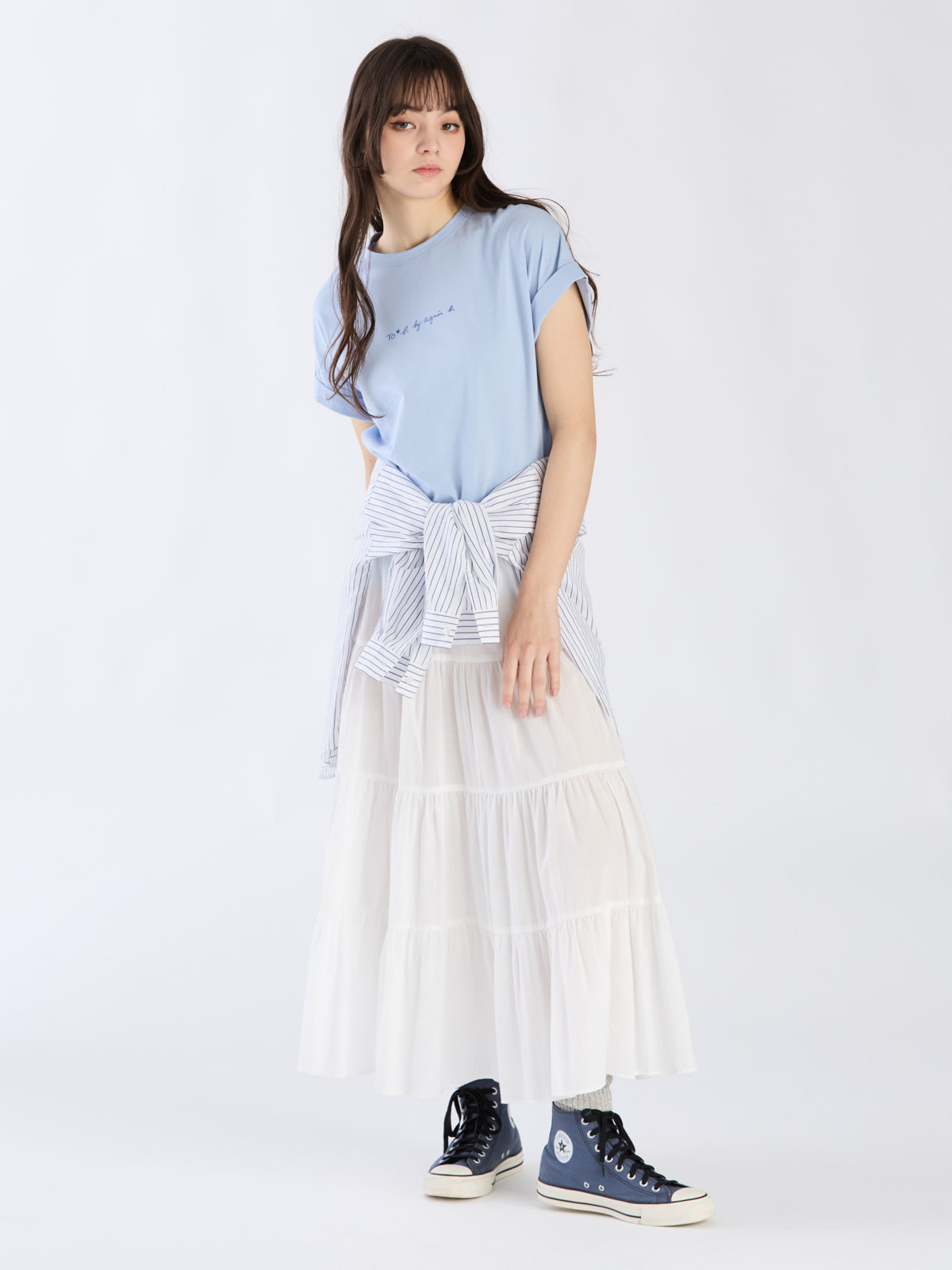 To b. by agnès b. 【Outlet】ロゴ プリント コットン マカロン Tシャツ ライトブルー