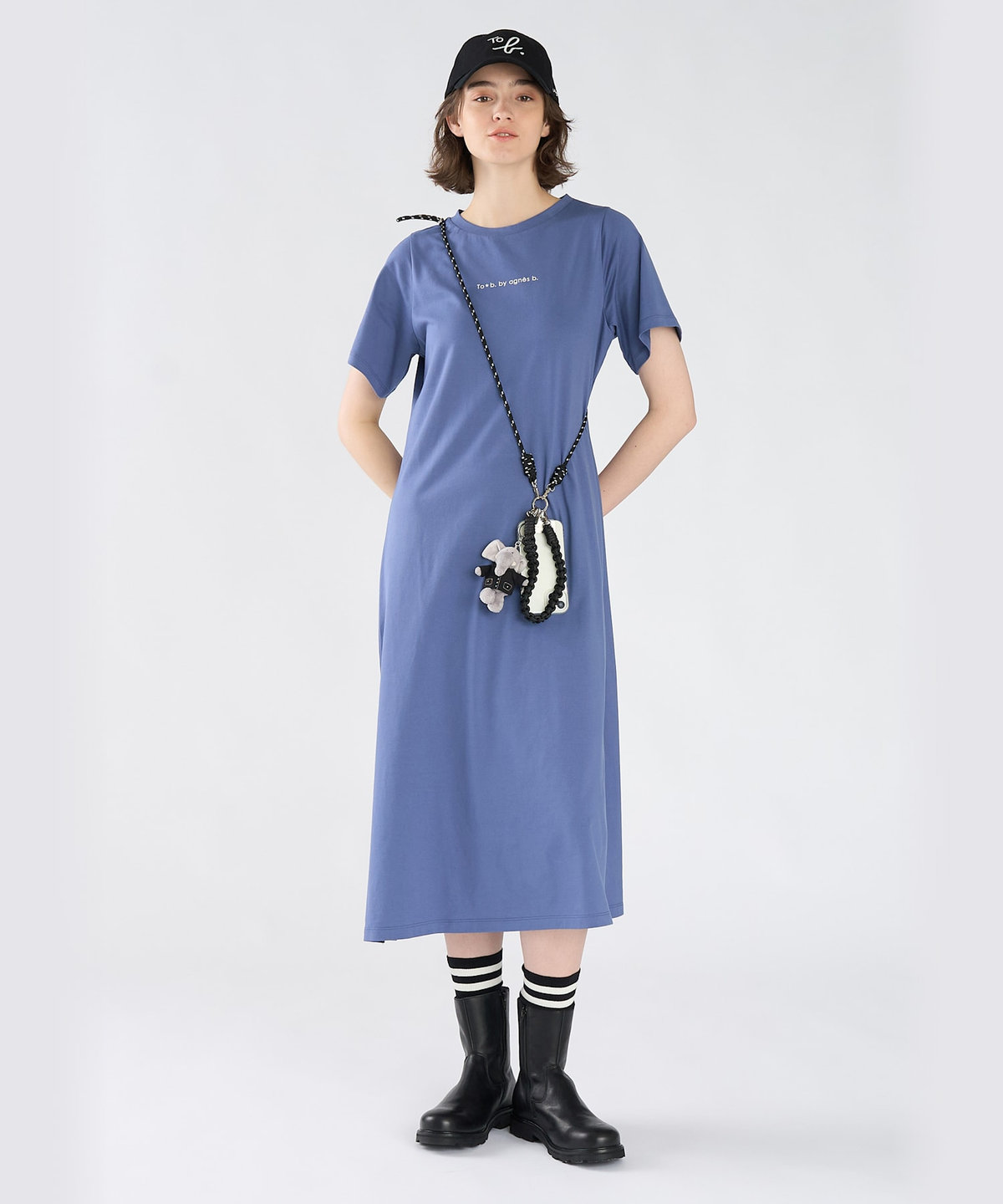 To b. by agnès b. ロゴ プリント コットン 半袖 ロング ワンピース ブルー