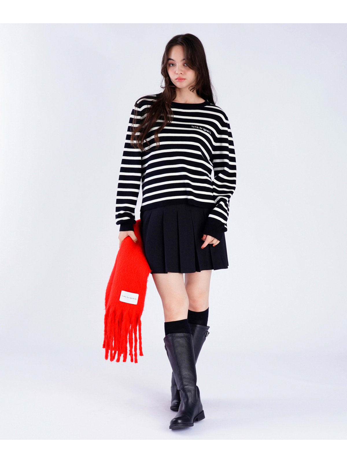 To b. by agnès b. 【Outlet】トラディショナル コットン ニット プルオーバー ブラック×ホワイト