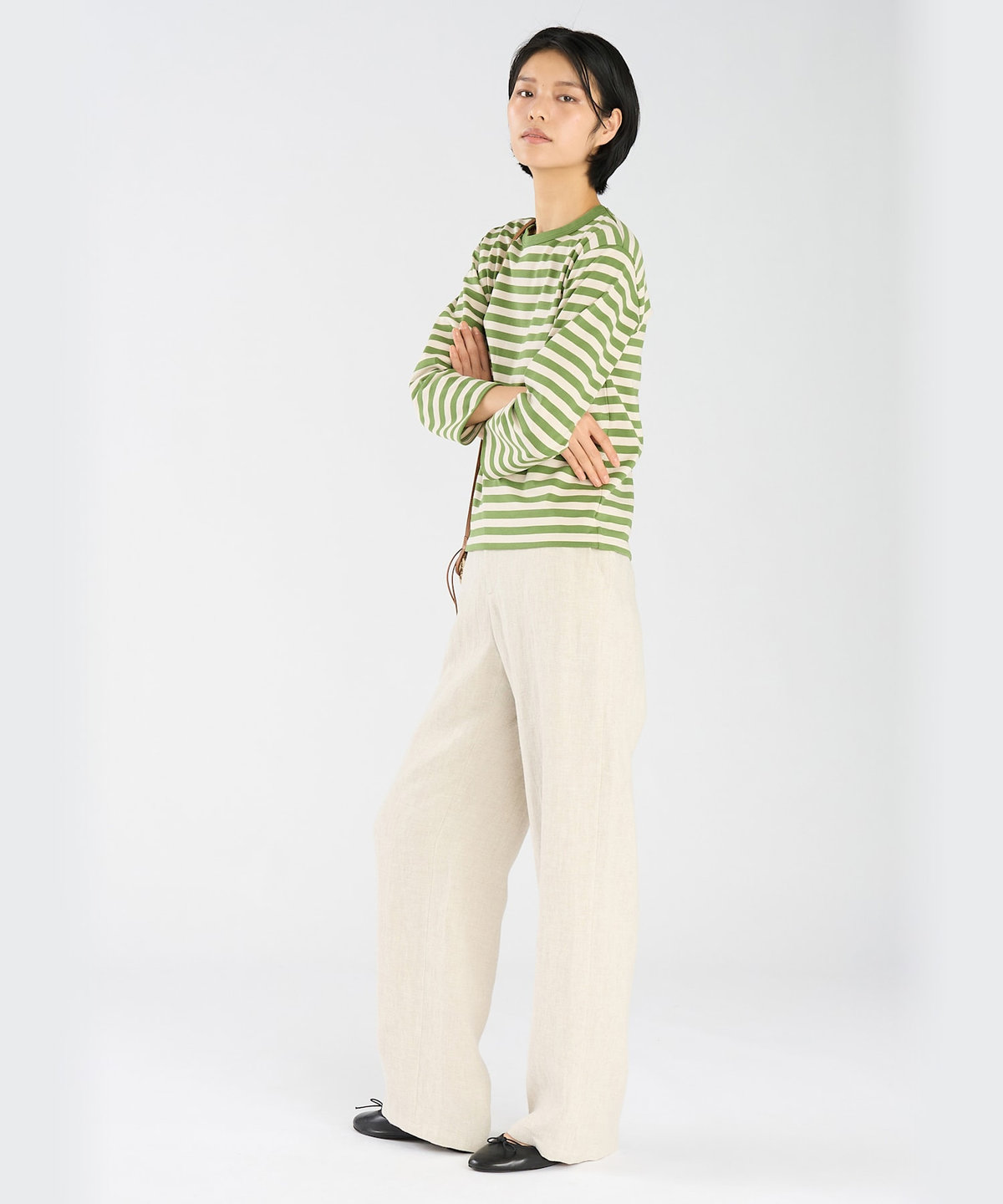 FEMME ウィメンズ 細ボーダー コットン 七分袖 Tシャツ "Lil Cool" マルチ