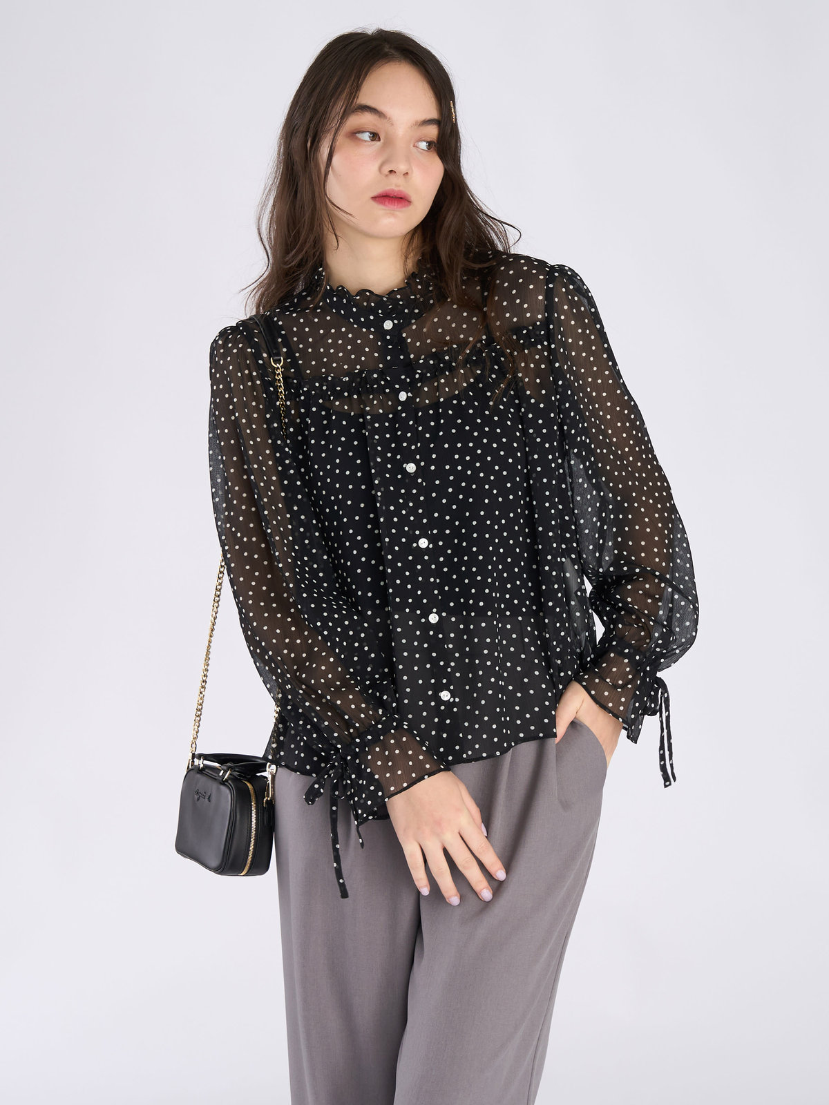 To b. by agnès b. ドットプリント ヨウリュウ 長袖 ギャザー ブラウス ブラック