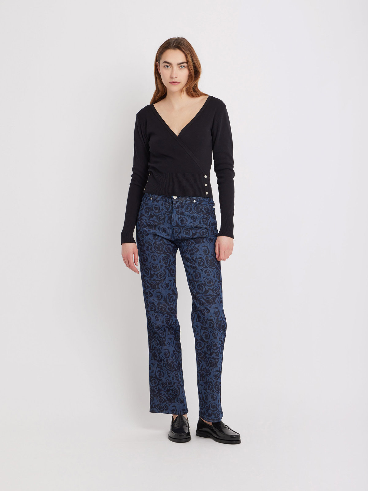 FEMME ウィメンズ コットン 長袖 カシュクール トップス ブラック