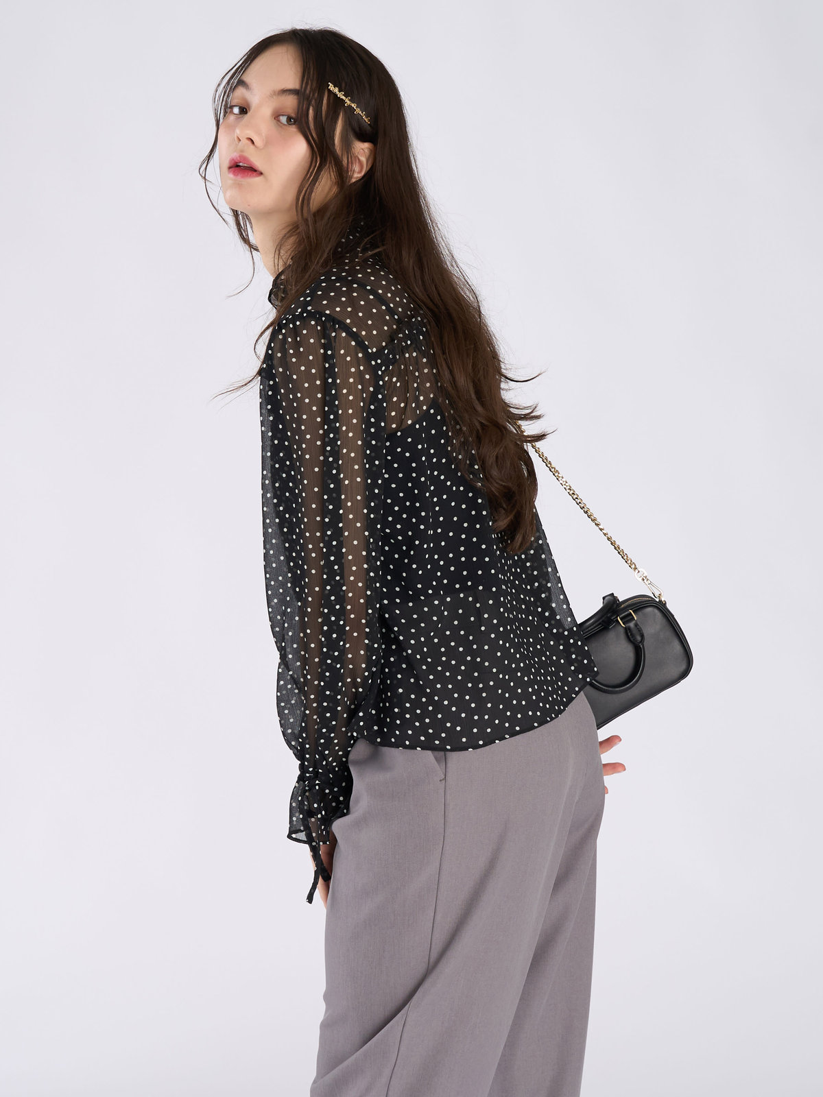 To b. by agnès b. ドットプリント ヨウリュウ 長袖 ギャザー ブラウス ブラック