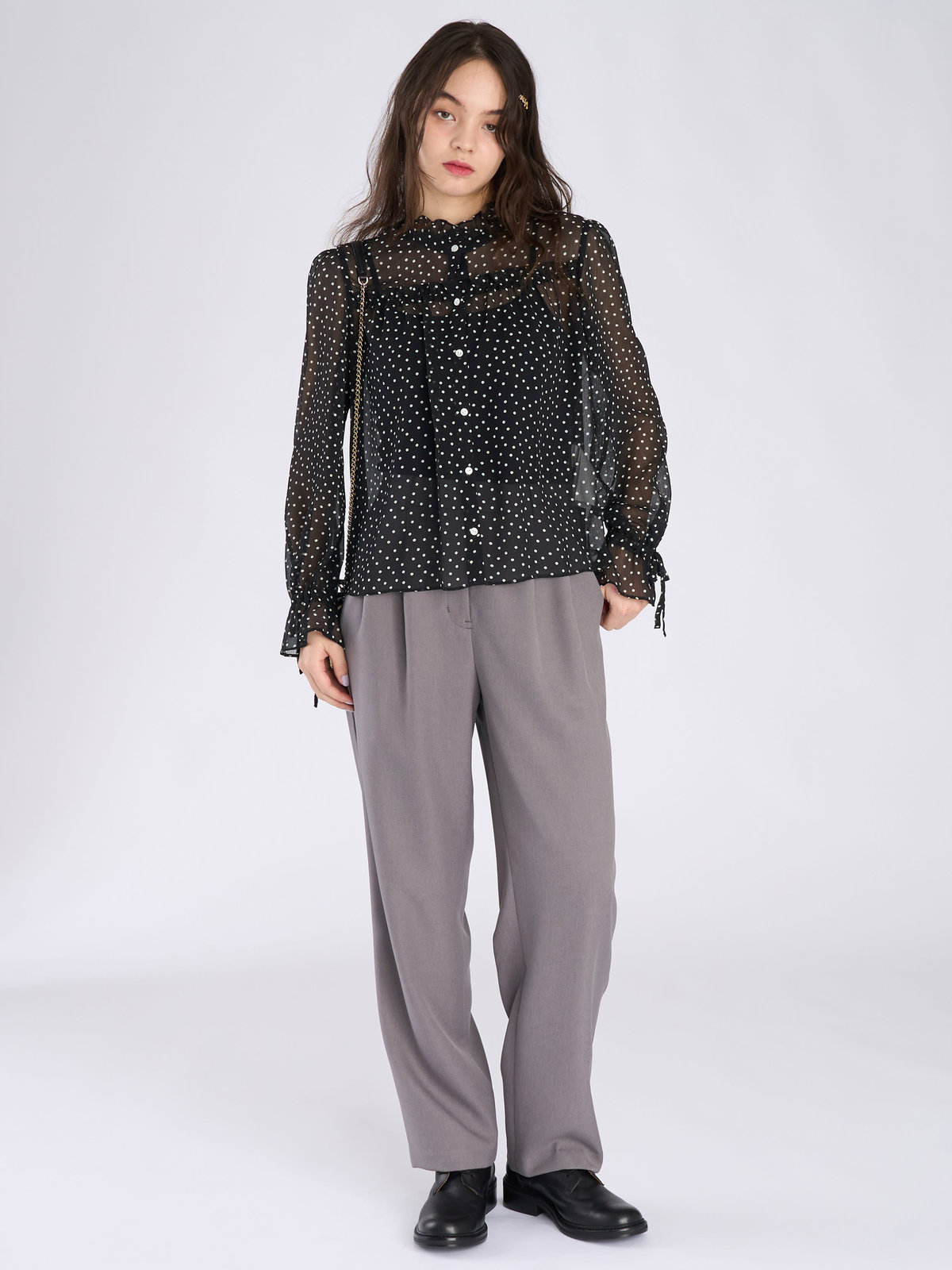 To b. by agnès b. ドットプリント ヨウリュウ 長袖 ギャザー ブラウス ブラック