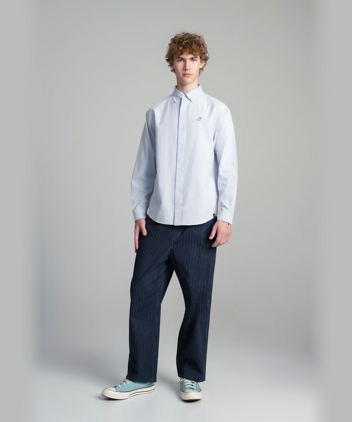 HOMME メンズ SPORT b. メンズ ディノ刺繍 オーガニックコットン 長袖 オックスフォードシャツ ライトブルー