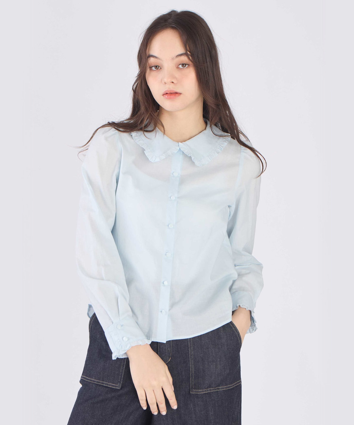 To b. by agnès b. コットン フリルカラー 長袖 ブラウス ライトブルー