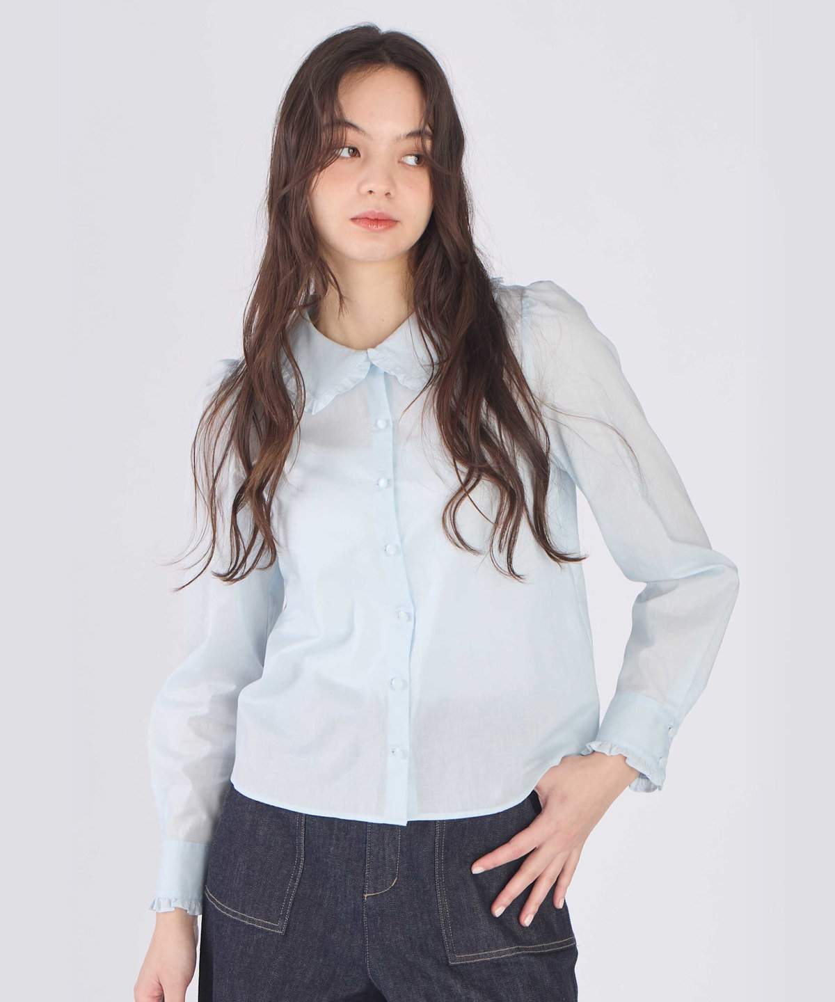 To b. by agnès b. コットン フリルカラー 長袖 ブラウス ライトブルー