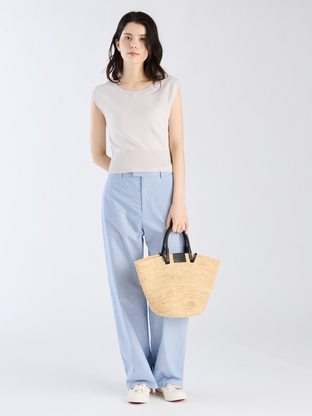 FEMME ウィメンズ 【Outlet】”b.” ロゴ刺繍 コットンニット ベスト ”Ovaline” ベージュ系その他