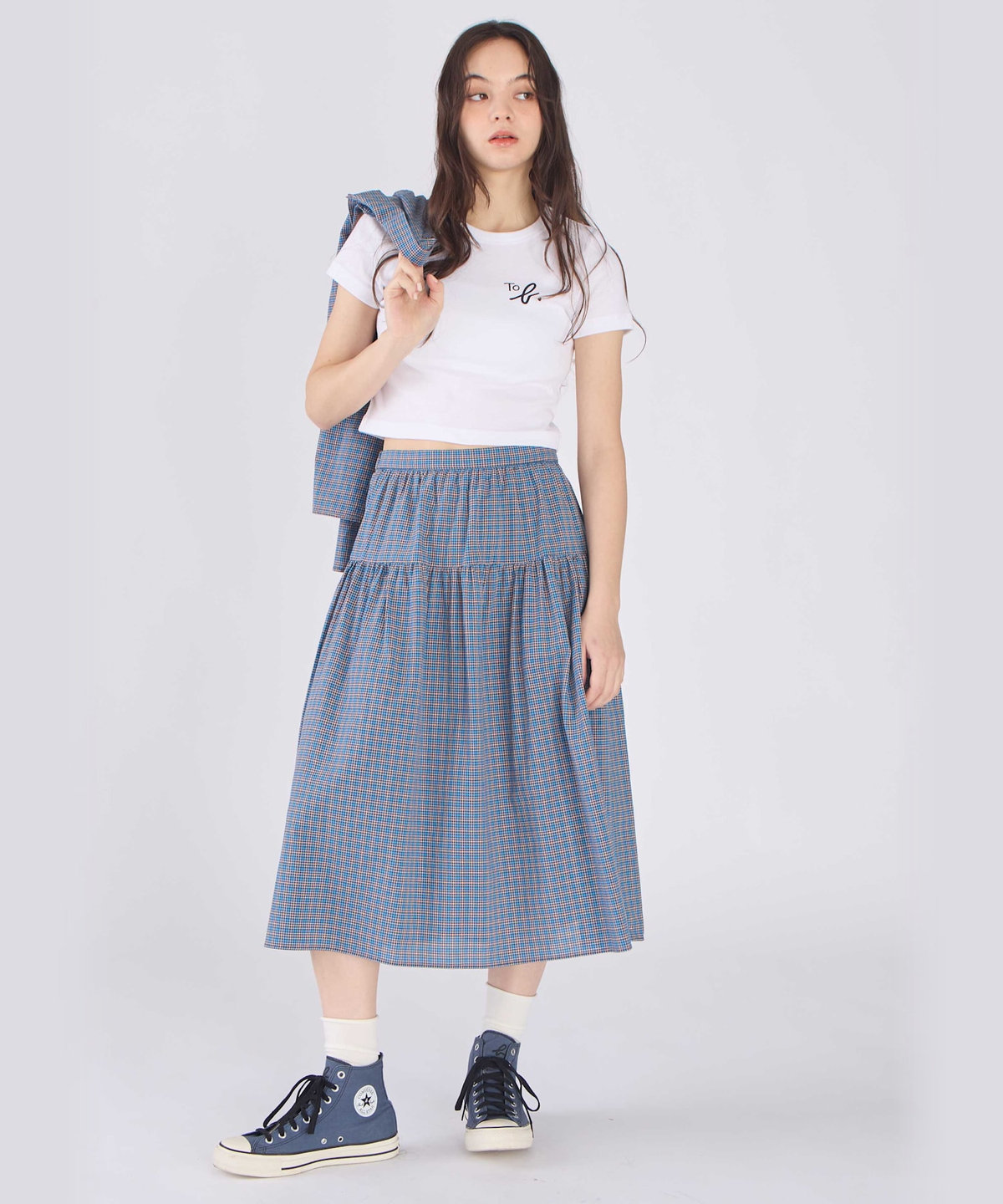To b. by agnès b. ドビー ミニチェック コットン フレアスカート ネイビー