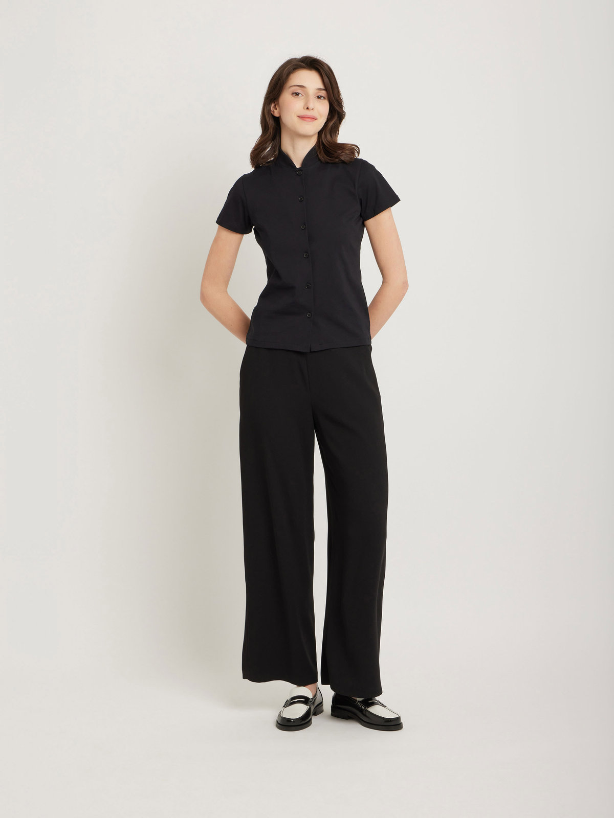 FEMME ウィメンズ コットン ハイネック 半袖 ブラウス "Violaine" ブラック