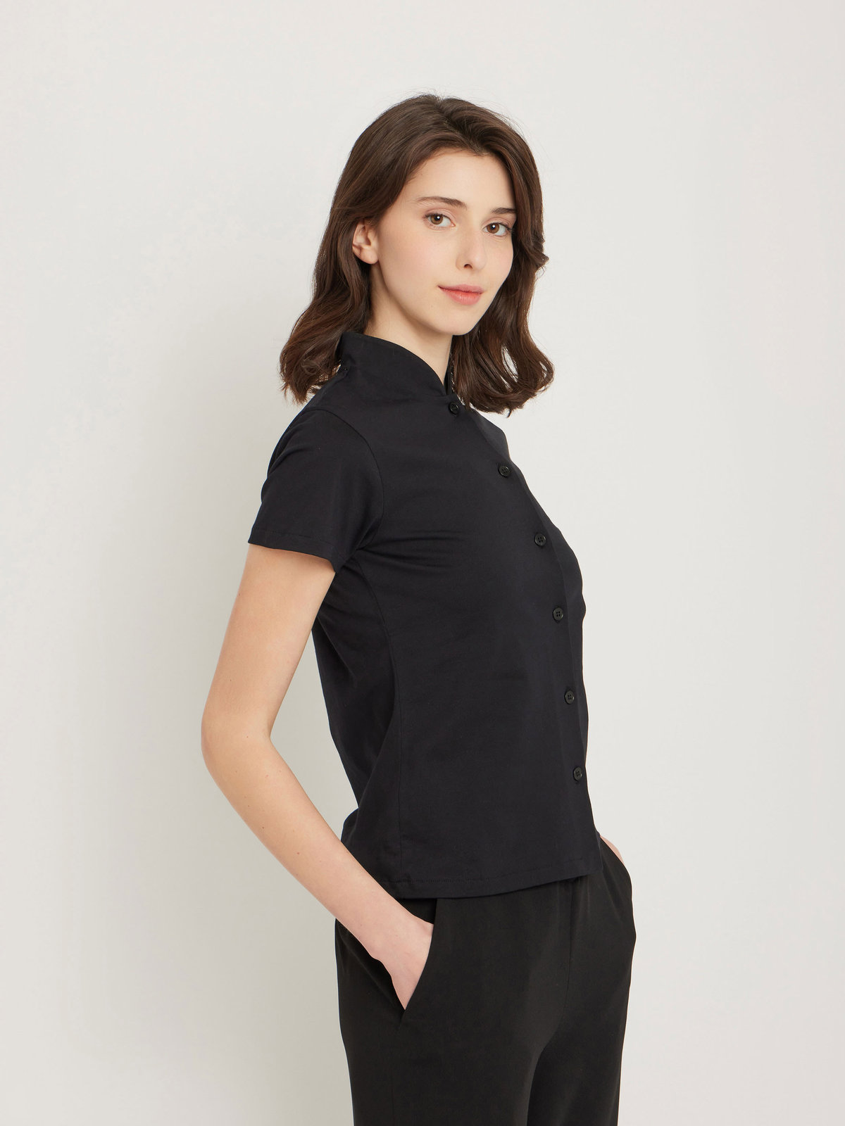 FEMME ウィメンズ コットン ハイネック 半袖 ブラウス "Violaine" ブラック