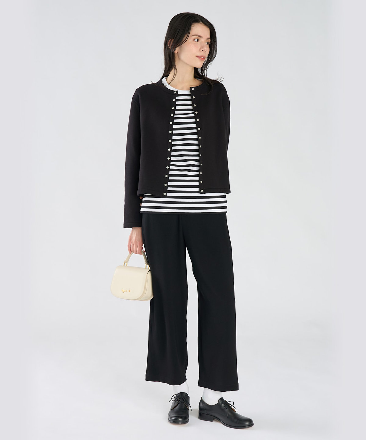 FEMME ウィメンズ 細ボーダー コットン 長袖 Tシャツ "Cool" ホワイト×ブラック