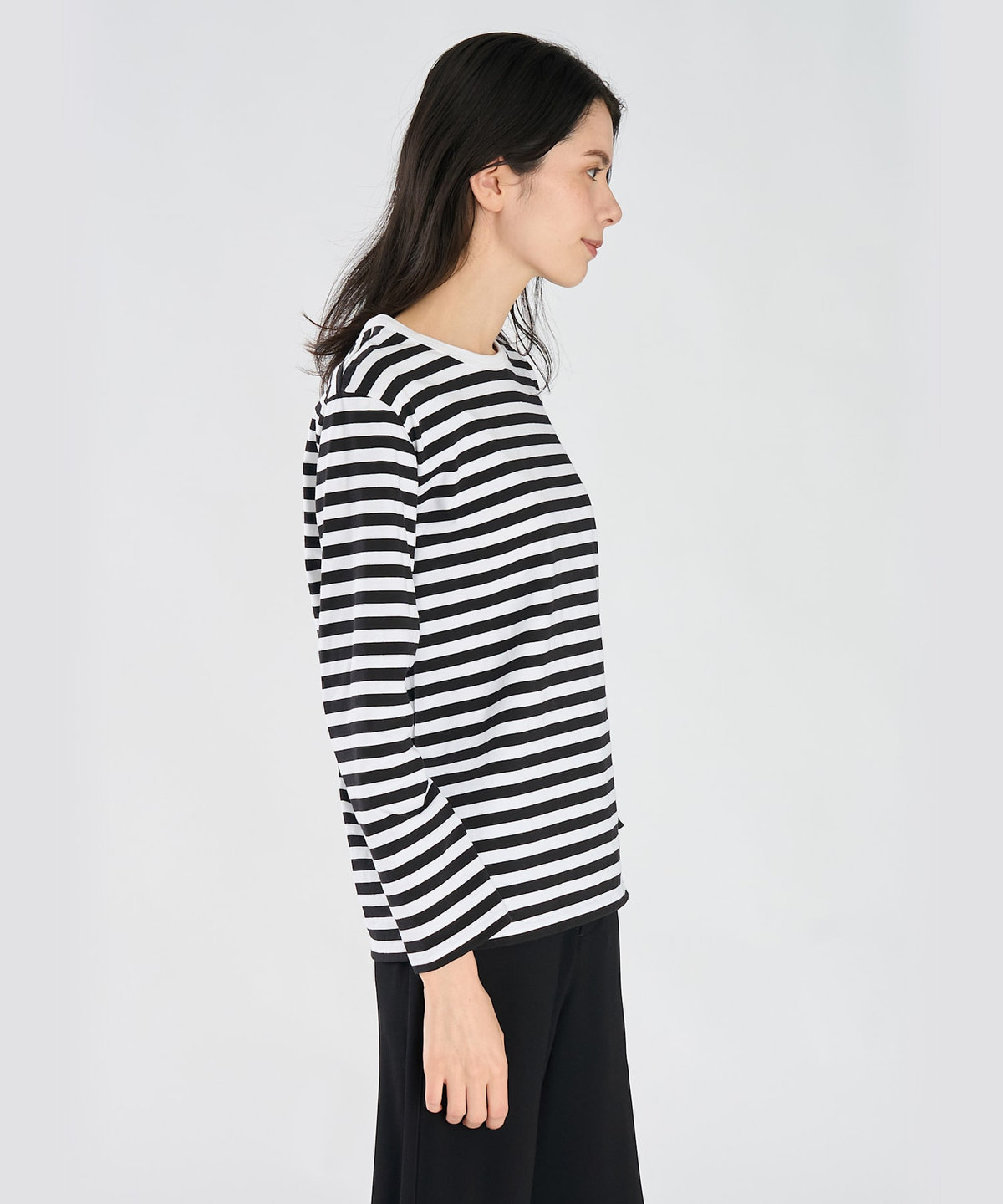 FEMME ウィメンズ 細ボーダー コットン 長袖 Tシャツ "Cool" ホワイト×ブラック